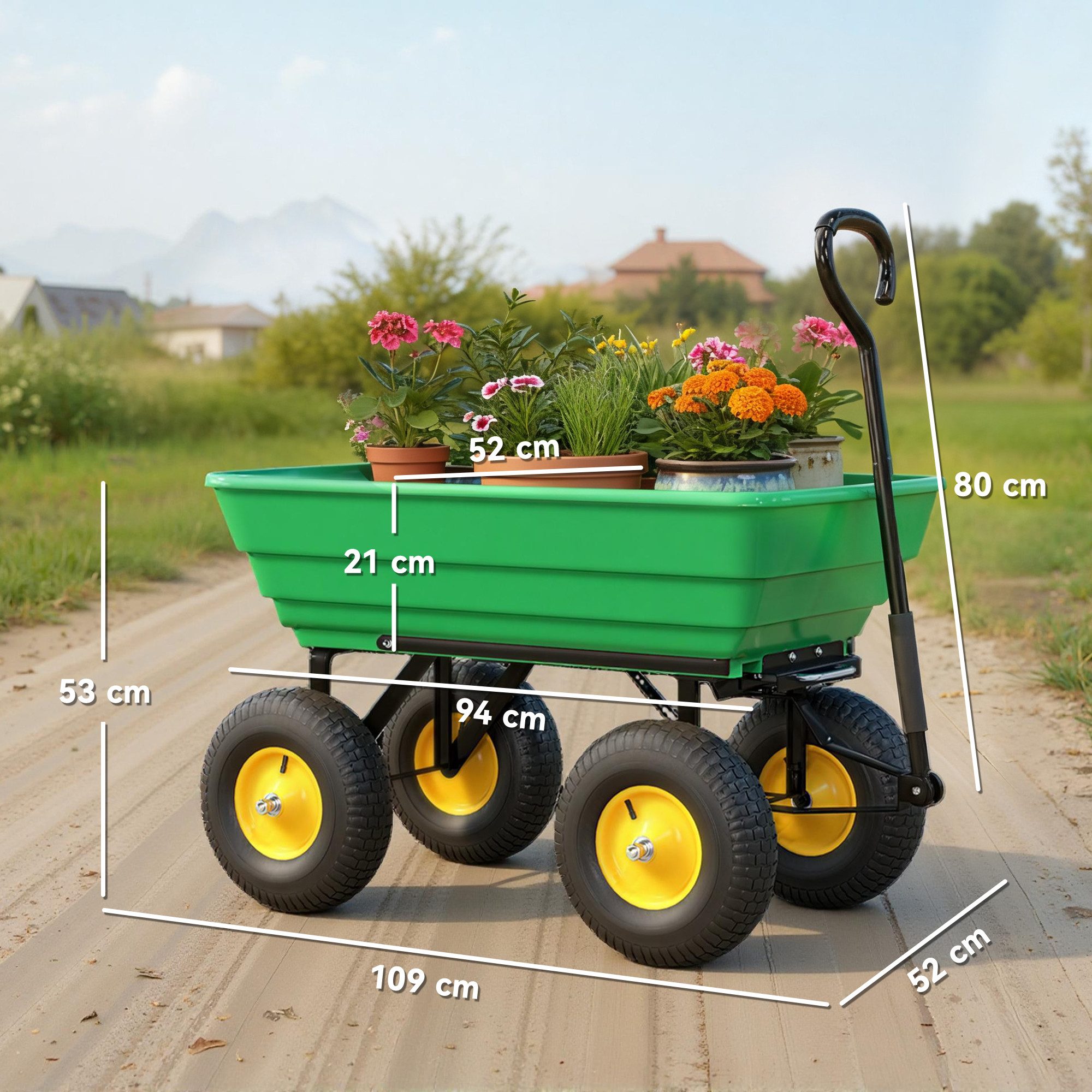Outsunny Bollerwagen Transportwagen mit Kippfunktion bis 200 kg, Gartenkarre Dumper (Handwagen, 1-tlg., Gartenwagen), für Gartenarbeit Rasen Dunkelgrün – Bild 3 von 5