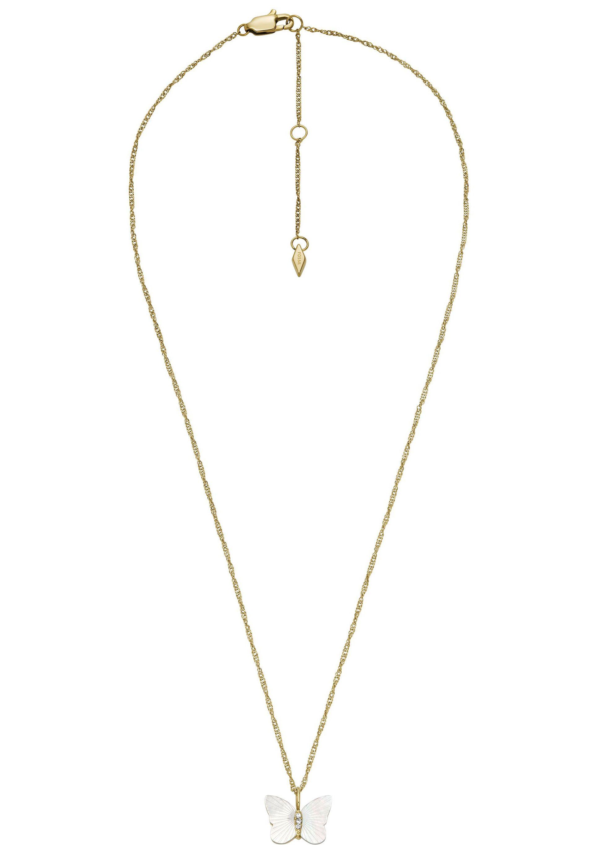 Fossil Kette mit Anhänger Schmuck Geschenk Edelstahl Halskette JEWELRY Schmetterling, mit Zirkonia (synth) - mit Perlmutt
