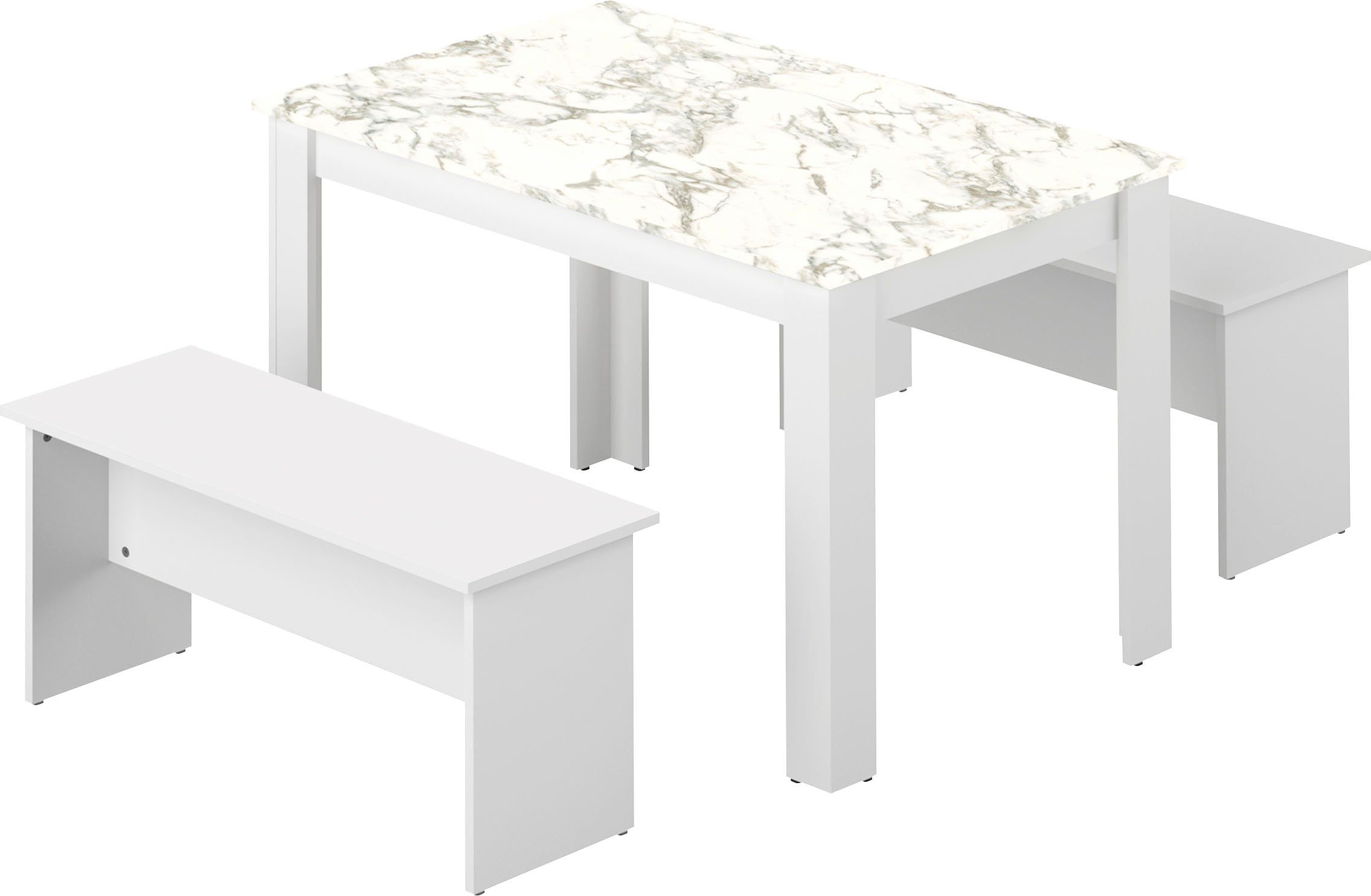 TemaHome Esstisch Nice (3-St), 3 tlg Set, bestehend aus einem Esstisch mit zwei Sitzbänken weiß/marmor