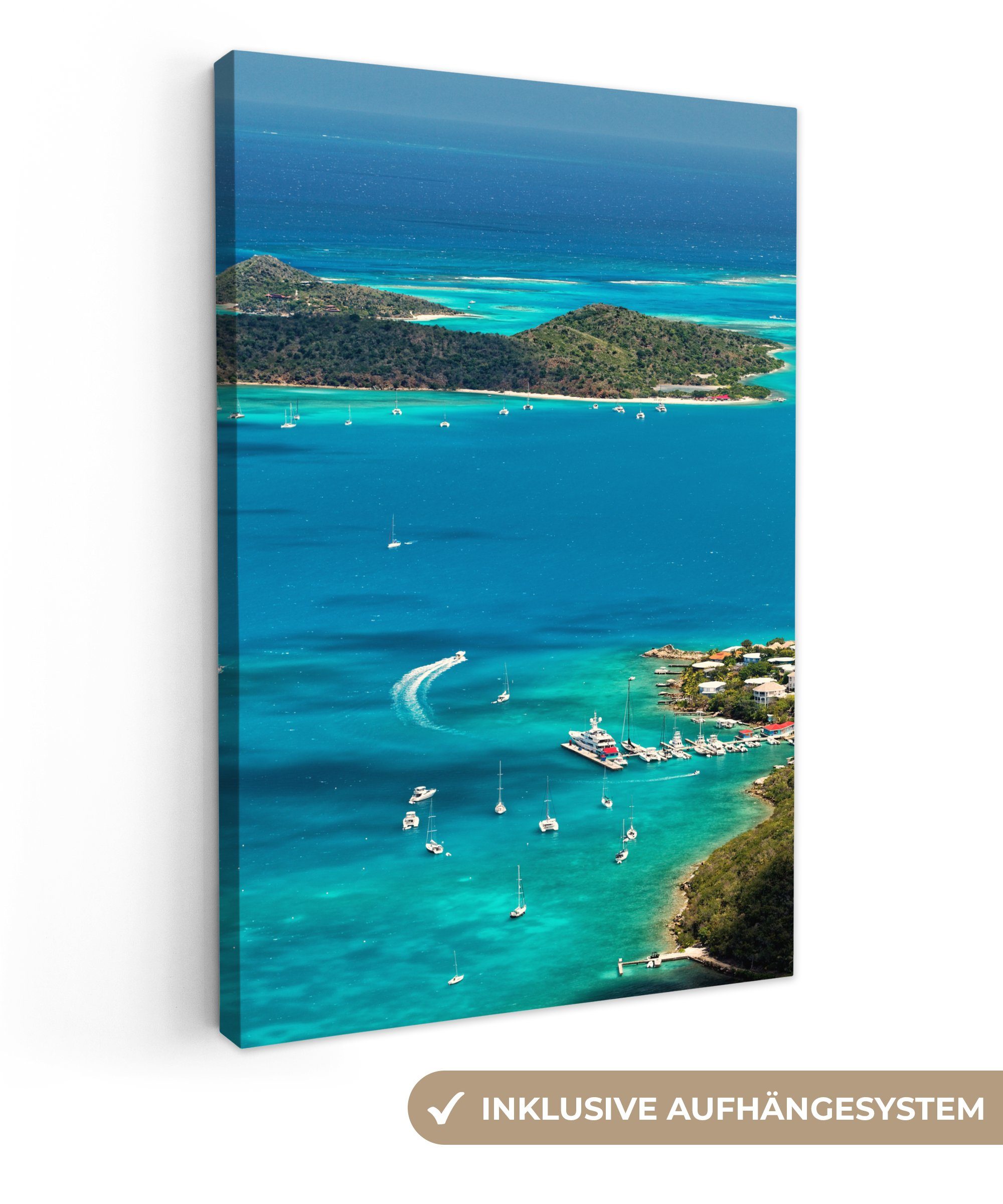Karibischer inkl. Leinwandbild 20x30 bespannt Hafen, cm Leinwandbild fertig Gemälde, St), Zackenaufhänger, (1 OneMillionCanvasses®