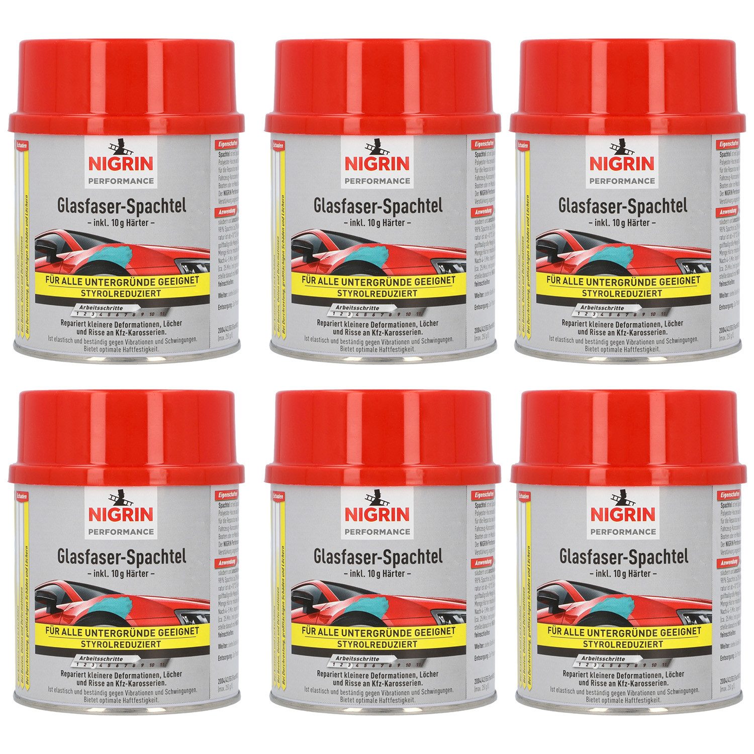 NIGRIN Spachtelmasse 6x 2K Glasfaser-Spachtel mit Härter-500g Auto, Spachtel Reparatur-Spachtel Fahrzeug-Karosserie Motrrad Wohnwagen