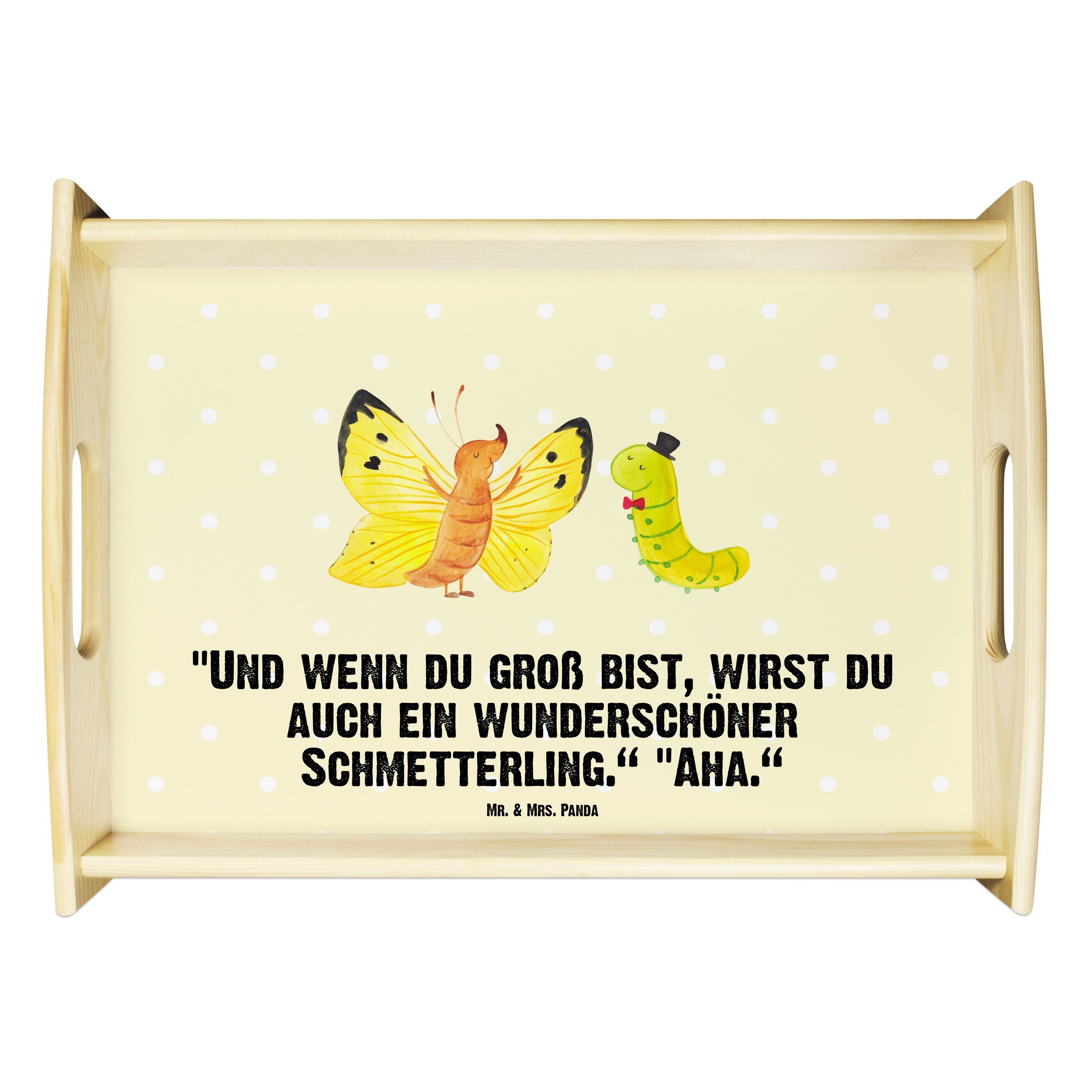 Mr. & Mrs. Panda Tablett Raupe & Schmetterling - Gelb Pastell - Geschenk, Tiermotive, Tablett, Echtholz lasiert, (1-tlg)