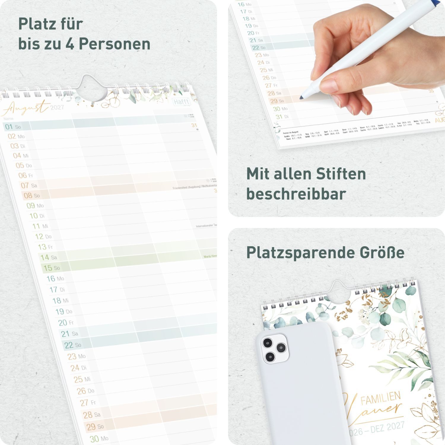 Häfft Familienkalender Familienplaner 4-spaltig 2026/2027 / 17 Monate / Blattgold