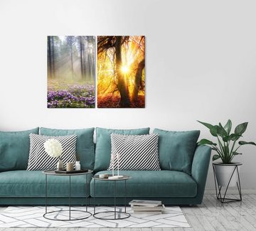 Sinus Art Leinwandbild 2 Bilder je 60x90cm Wald Waldblumen Sonnenstrahlen Hein warmes Licht Beruhigend Heilsam