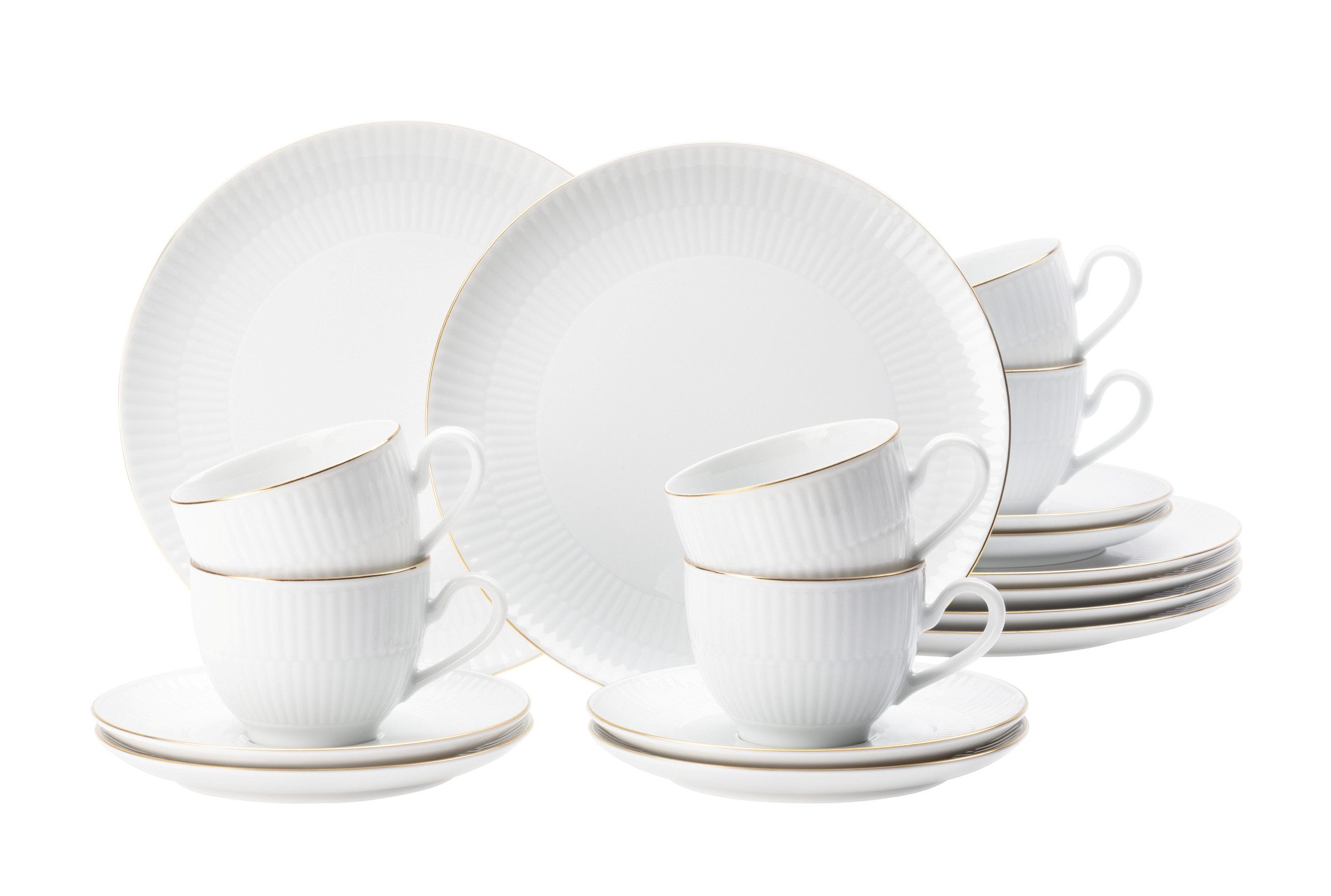 Seltmann Weiden Kaffeeservice Service 18-teilig Amina Goldrand (18-tlg), 6 Personen, Porzellan, Kaffeetassen, Untertassen, Teller, weiß, gold