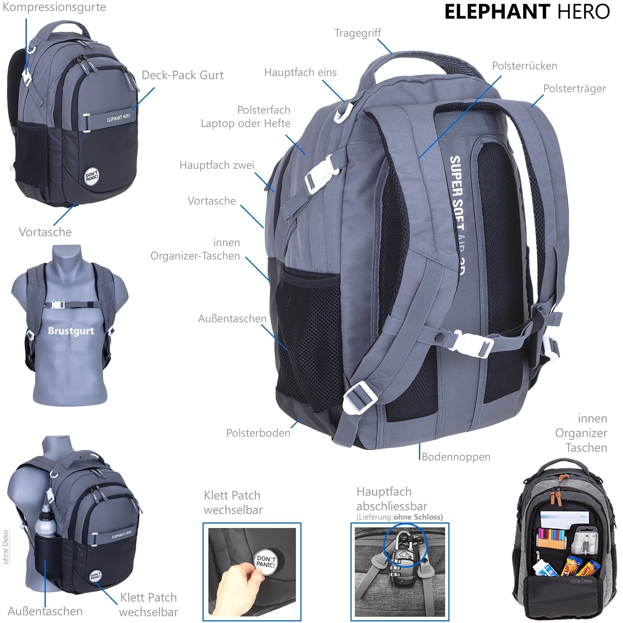 ELEPHANT Schulrucksack Hero Signature Schultasche (2 Teile Set), Rucksack + Mäppchen Box