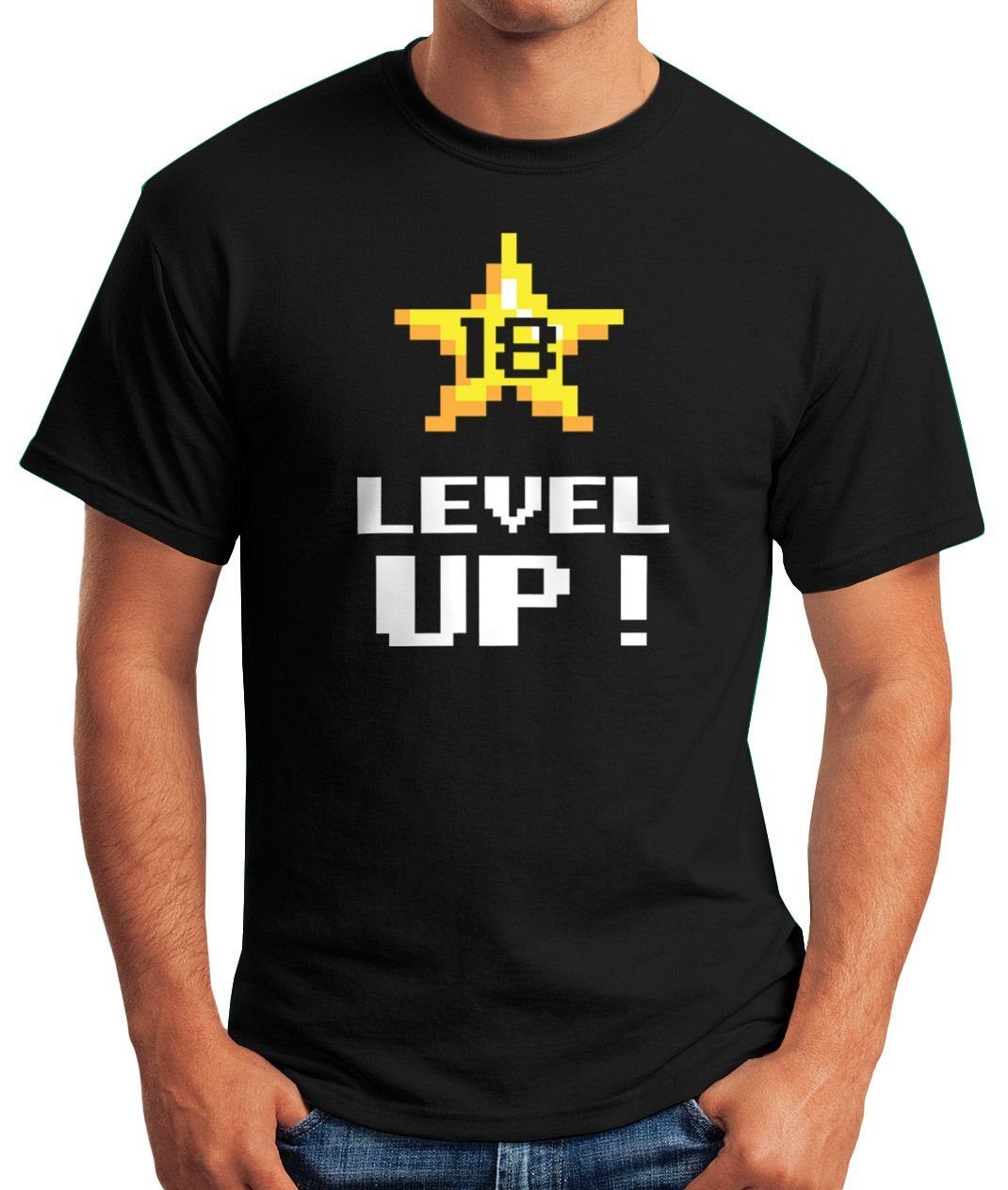 Pixelgrafik Herren Geschenk Geburtstag MoonWorks Gamer Fun-Shirt Pixel-Stern Up 18 Arcade Moonworks® Print schwarz Print-Shirt mit Level T-Shirt Retro