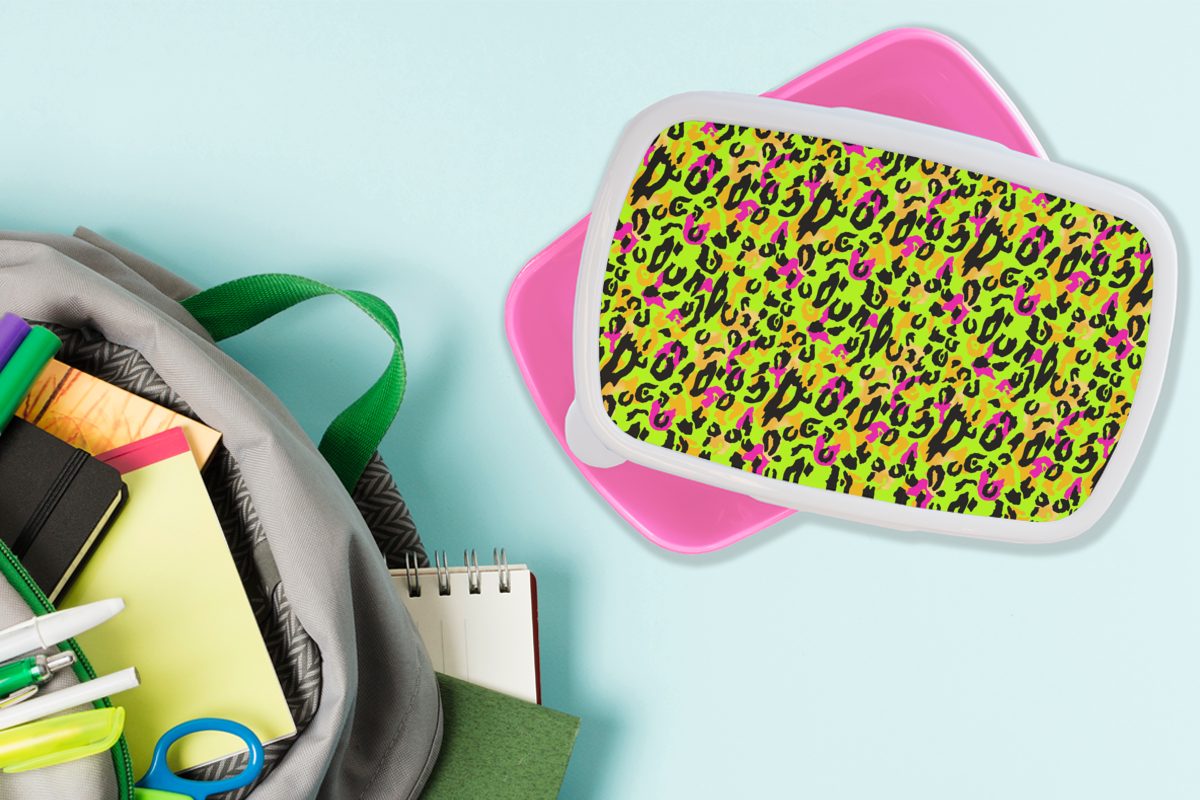 Mädchen, für - Kinder, Tiermuster Brotbox (2-tlg), Brotdose Muster Snackbox, MuchoWow Kunststoff Gelb, rosa Kunststoff, - Erwachsene, Neon Lunchbox -