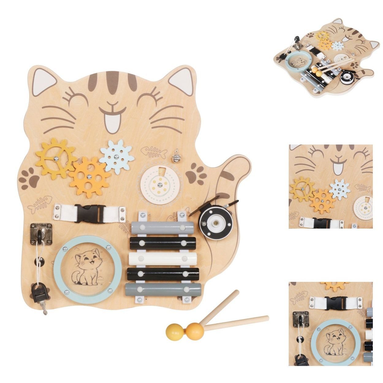 Moni Lernspielzeug Lernboard Katze W12D558 Holz, Holz, Xylofon, Zahnräder, Schlösser, Verschlüsse