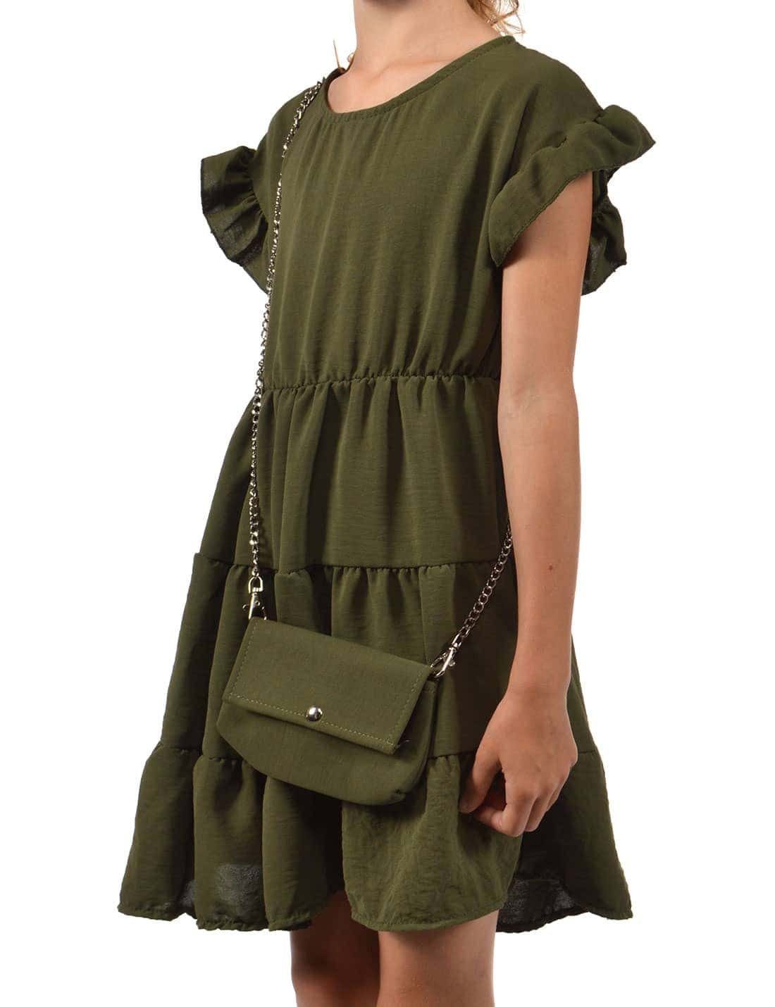 KMISSO Sommerkleid Mädchen Kleid schwingender Olivegrün (1-tlg) bequem Rock zu und tragen Tasche