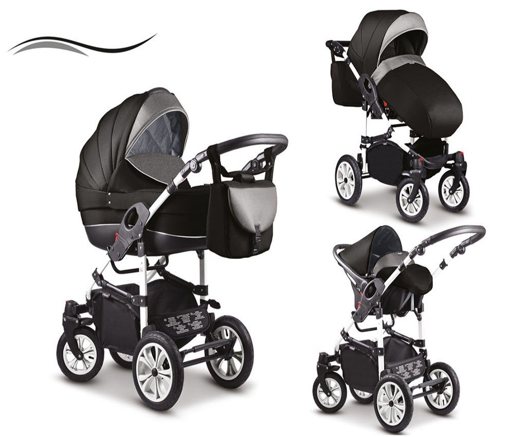 babies-on-wheels Kombi-Kinderwagen 3 in 1 Kinderwagen-Set Cosmo - 16 Teile - in 41 Farben Schwarz-Grau