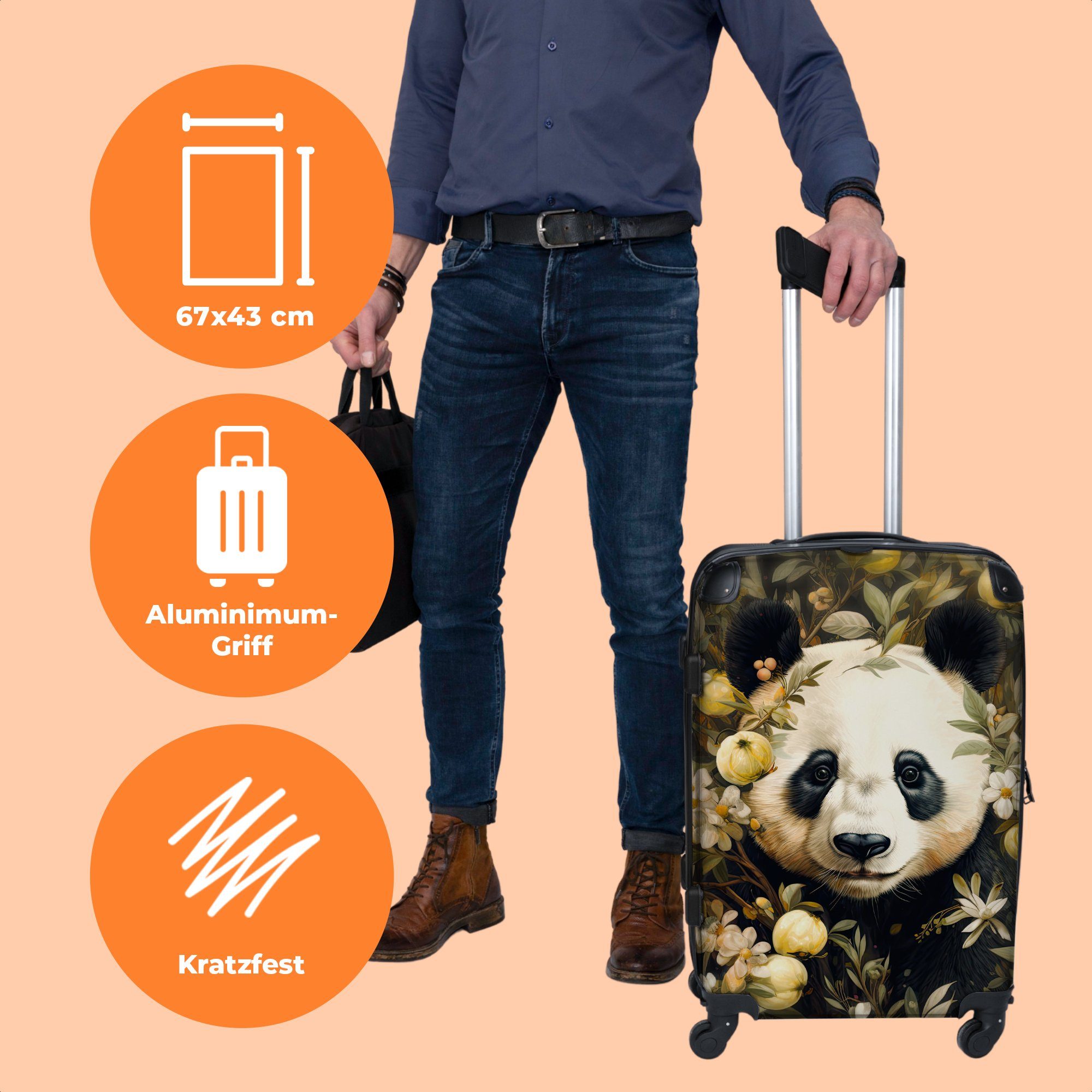 Trolley Rollen, Aufgabegepäck Blumen, Rollen Panda - - 4 Wildtiere 4 Pandabär mit Reisekoffer - Große 67x43x25cm Koffer NoBoringSuitcases.com© Rollkoffer -