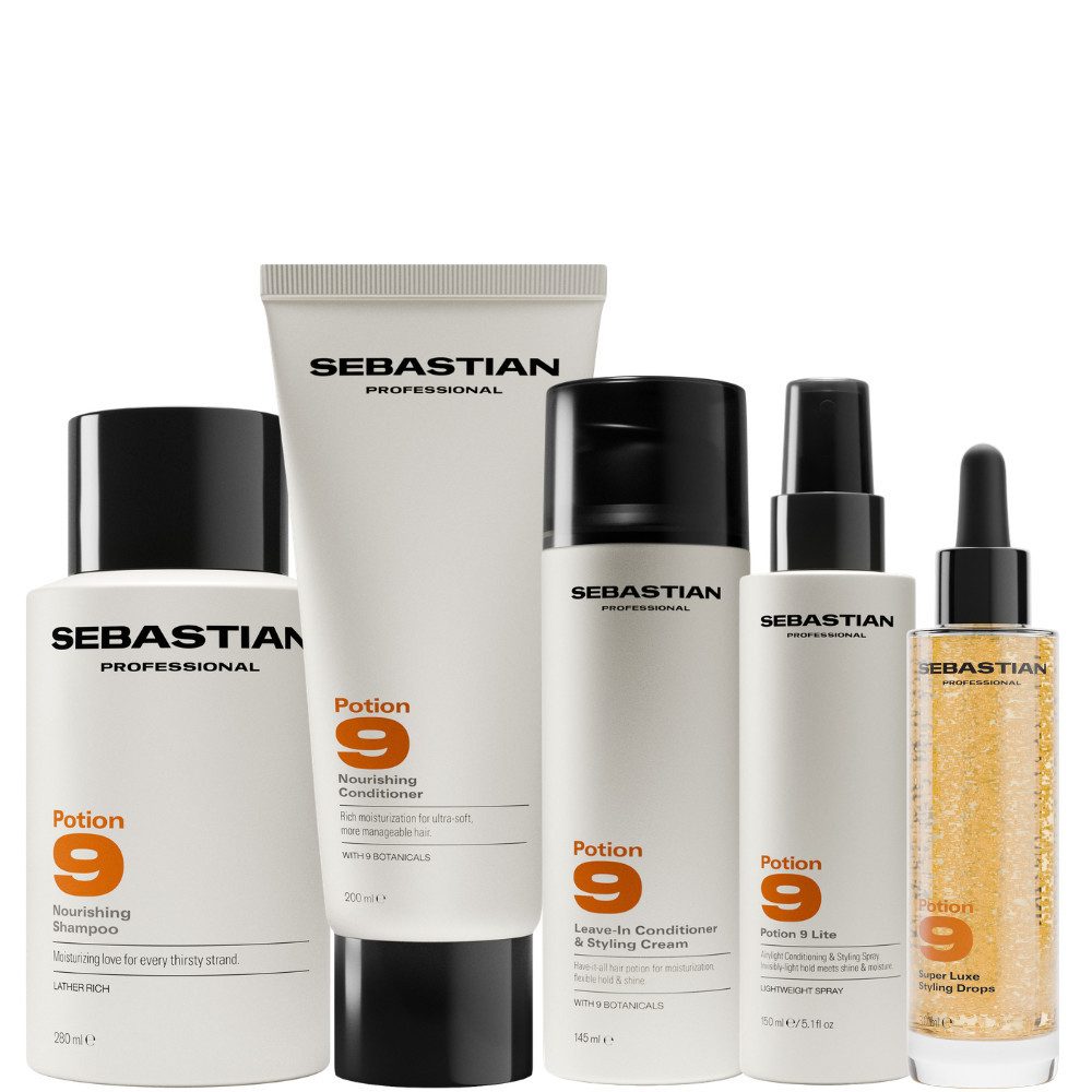 Sebastian Professional Haarpflege-Set Potion 9 Luxury Routine – Pflege- & Styling Set für geschmeidiges Haar, Spar-Set, 5-tlg., Pflegeset mit 9 botanischen Wirkstoffen – für Feuchtigkeit und Glanz