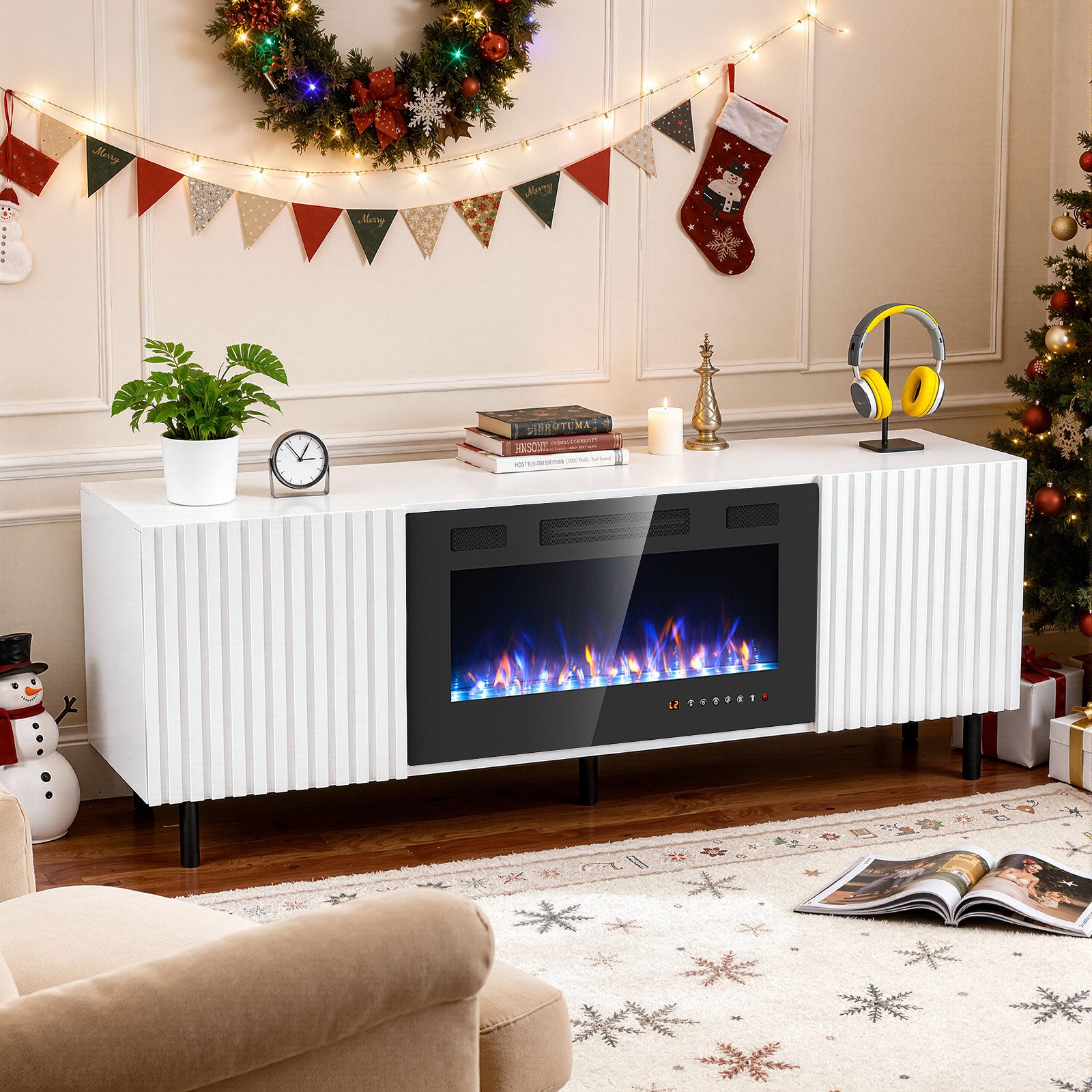 oyajia Elektrokamin Elektrischer Kamin mit TV Schrank, Heizung, 3D-Flammeneffekt, Timer, Schrankgröße: 160 x 40 x 63 cm, mit 2 Türen, Fernbedienung, Thermostat