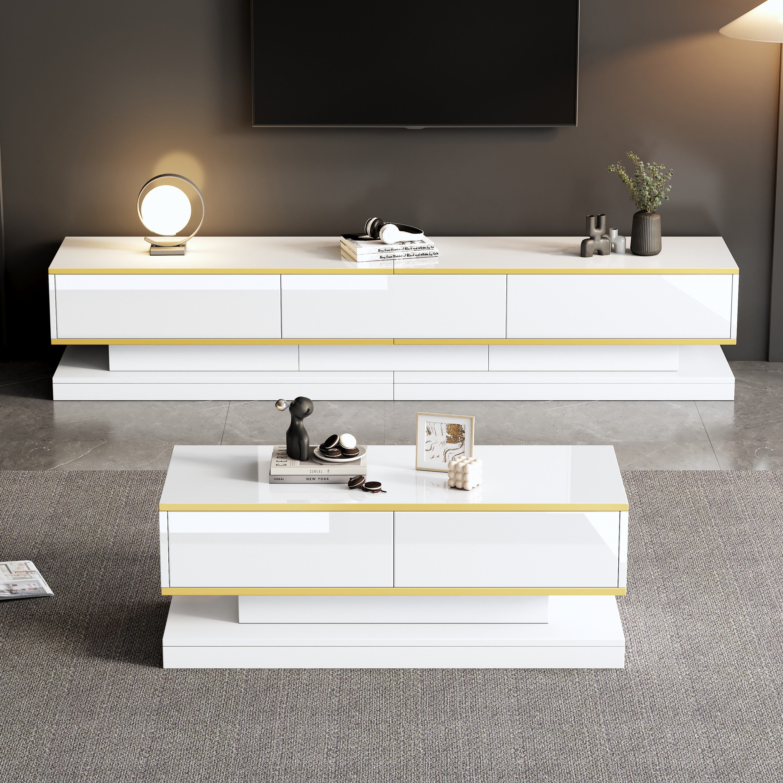 Merax Wohnzimmer-Set MODERN-121, Warmweiß mit Goldkante, (2-St), Hochglanz-TV-Lowboard 200 cm & Couchtisch 100 cm, Push-to-Open