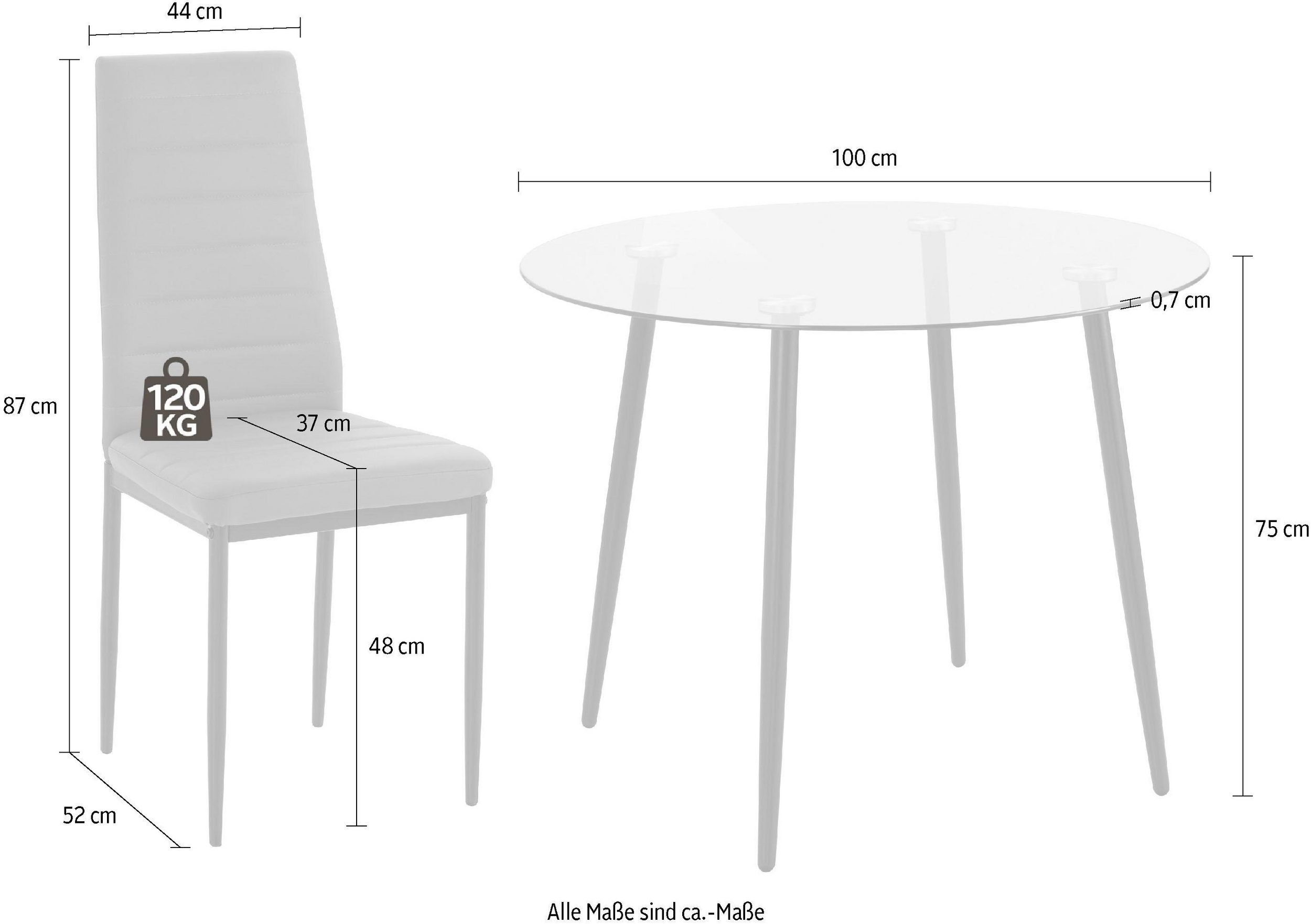 Bezug Ø100 grau Tisch), Kunstleder runder Essgruppe 4 Stühle, 1 aus loft24 (Set, Stühle mit 5-tlg., Darius, Glastisch 4 cm,