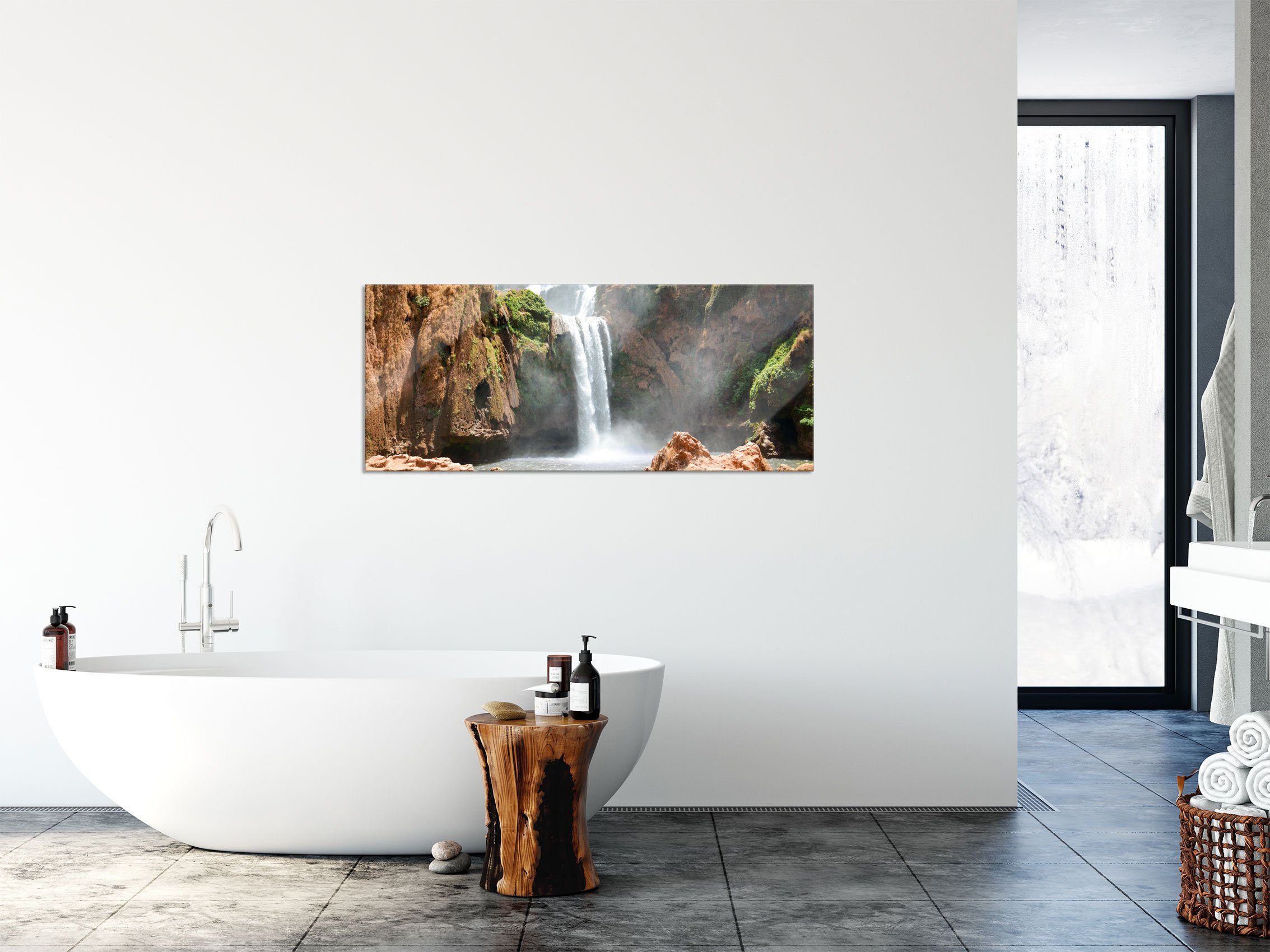 Aufhängungen (1 inkl. Glasbild Abstandshalter Pixxprint Glasbild Echtglas, Wasserfall, St), Spektakulärer Spektakulärer Wasserfall aus und