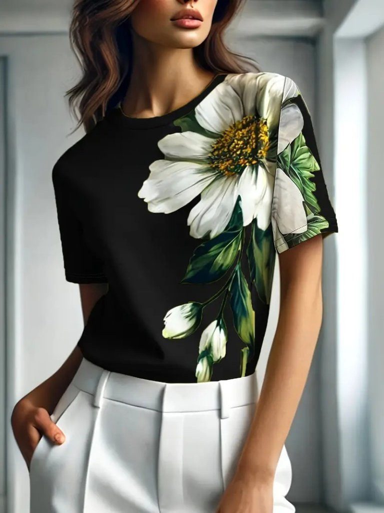 Moda Yakamoz Blusentop Damen Kurzarm Rundhals Blumenmuster Jersey Bluse