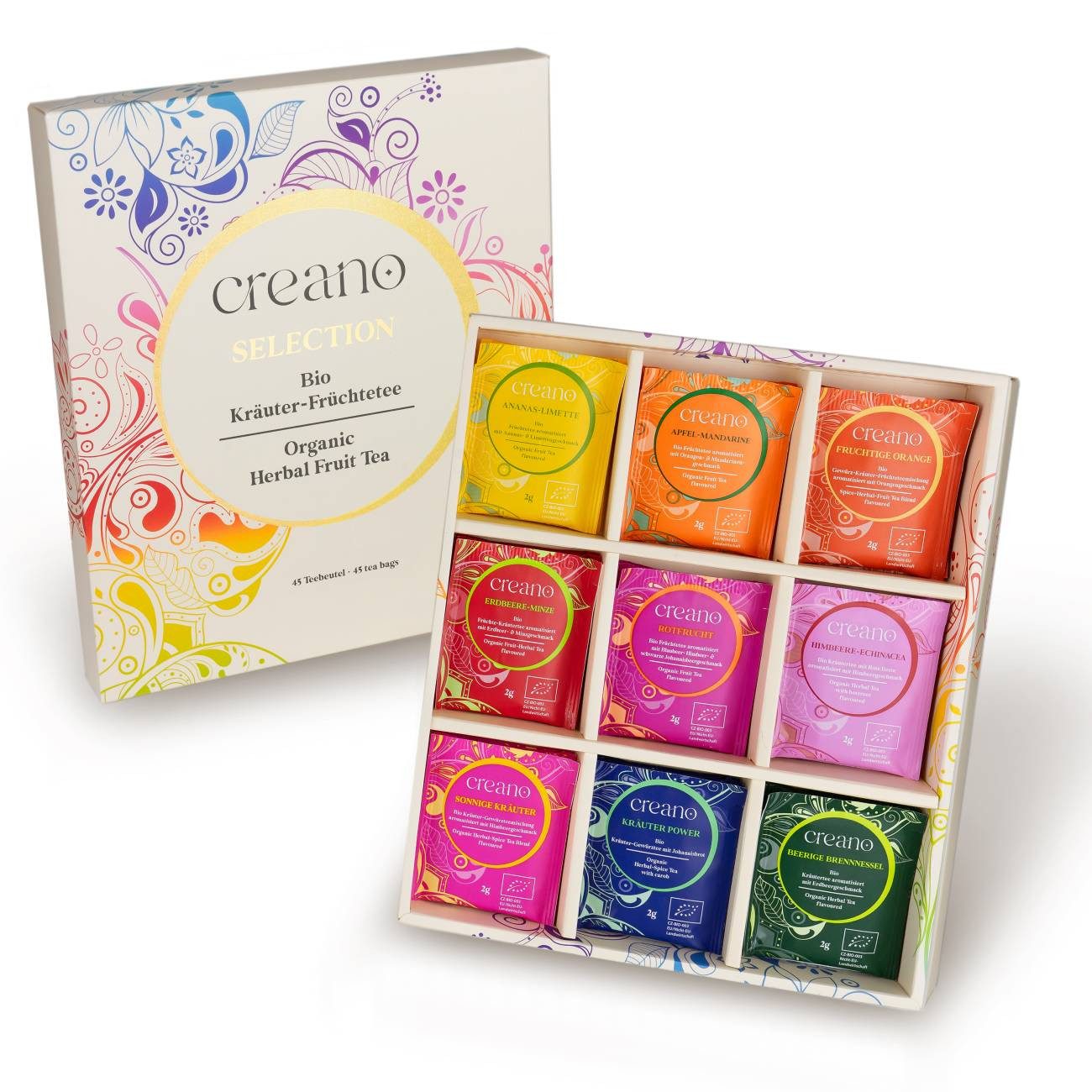 Creano Tee Bio Früchte- Kräutertee 45er Geschenkset „ORGANIC HERBAL TEA“*, 1 x 45 St. (45 Bio-Teebeutel)