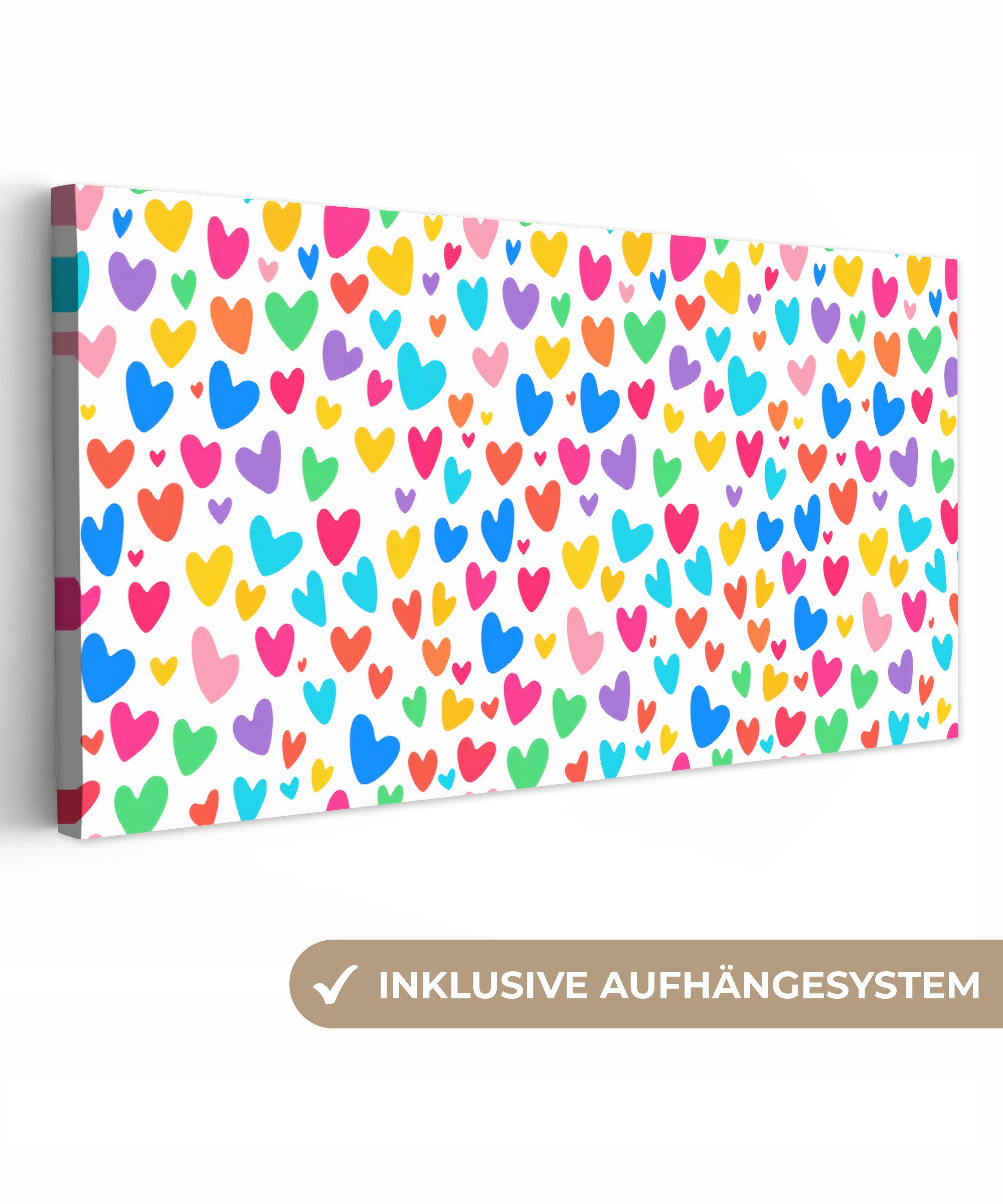 OneMillionCanvasses® Leinwandbild Panorama Herzen - Bunt - Muster - Lebendig, Fotodruck (1 St), Wandbild, Deko Schlafzimmer Wohnzimmer Flur 40x20 cm