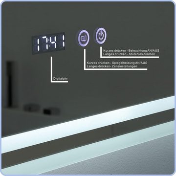 AQUALAVOS Badspiegel Spiegel beleuchtung 100x70cm Badezimmerspiegel mit Uhr und 6400K Licht, Intelligenter Touchschalter beschlagfrei, Helligkeit dimmbar, IP44