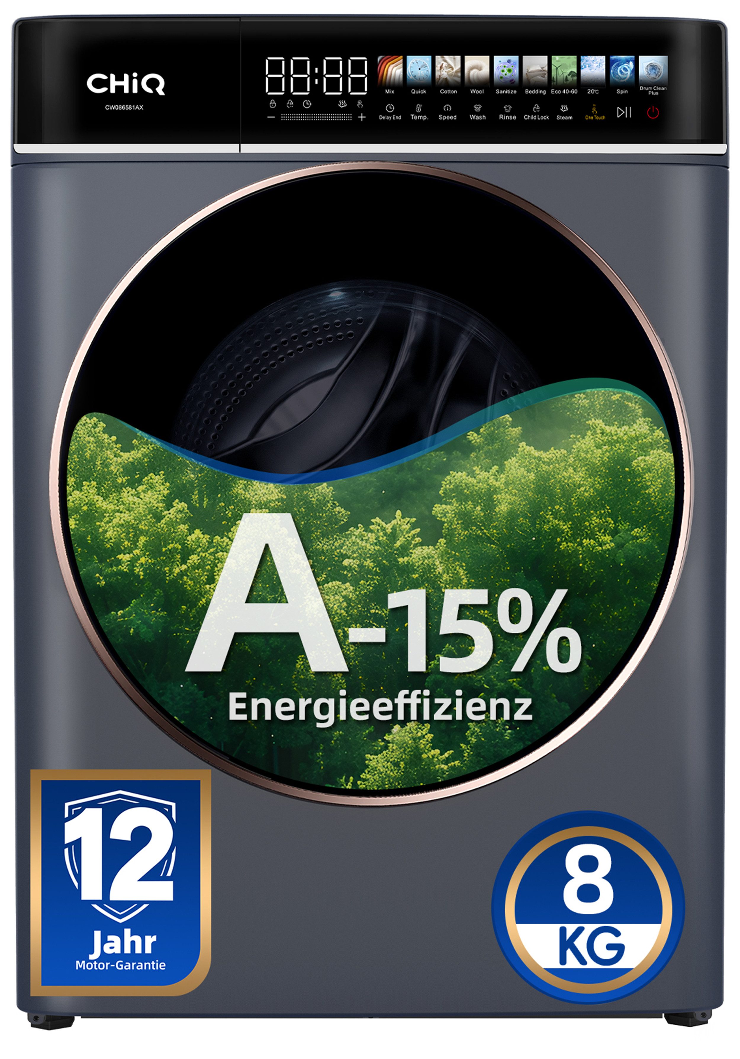 CHiQ Waschmaschine mit LED-Touch-Display CW086581AX, 8 kg, 1400 U/min, 15 Min. Schnell, EEK A-15%, 12-Jahre-Garantie auf Kompressor