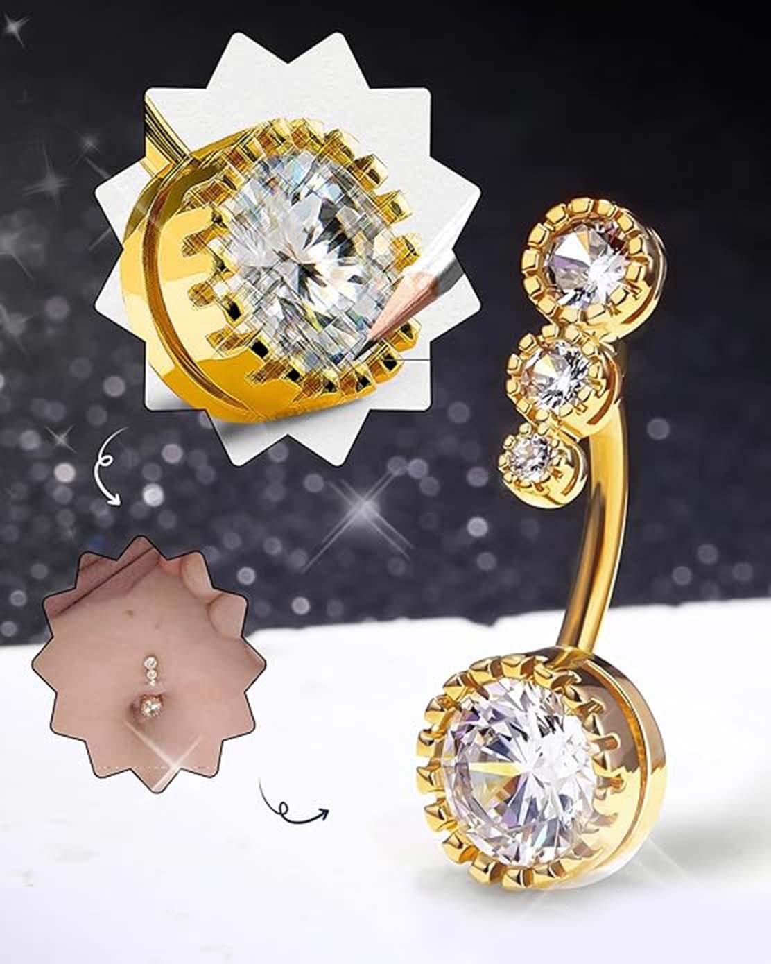 Jumpeak Bauchnabelpiercing Damen-Bauchnabelring, 585 Gold,Diamond,Bauchnabelpiercing Gold, 0.8ct,D VS1,Labordiamant,Geschenk Ideen für Frau,Geschenk Schwester