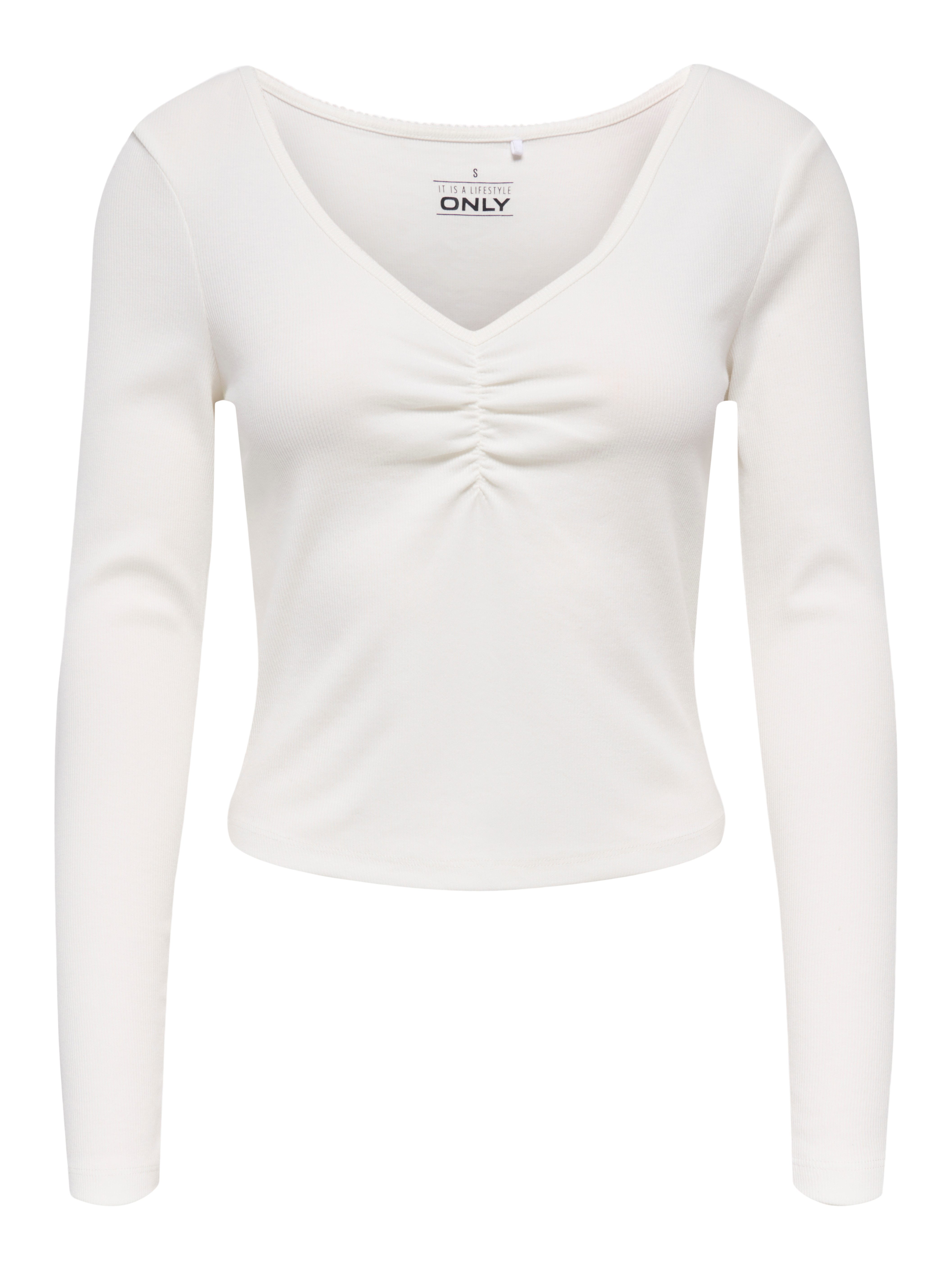 ONLY Langarmshirt ONLBETTY LIFE L/S SCALLOP V-NECK CC JRS mit Raffung am Ausschnitt