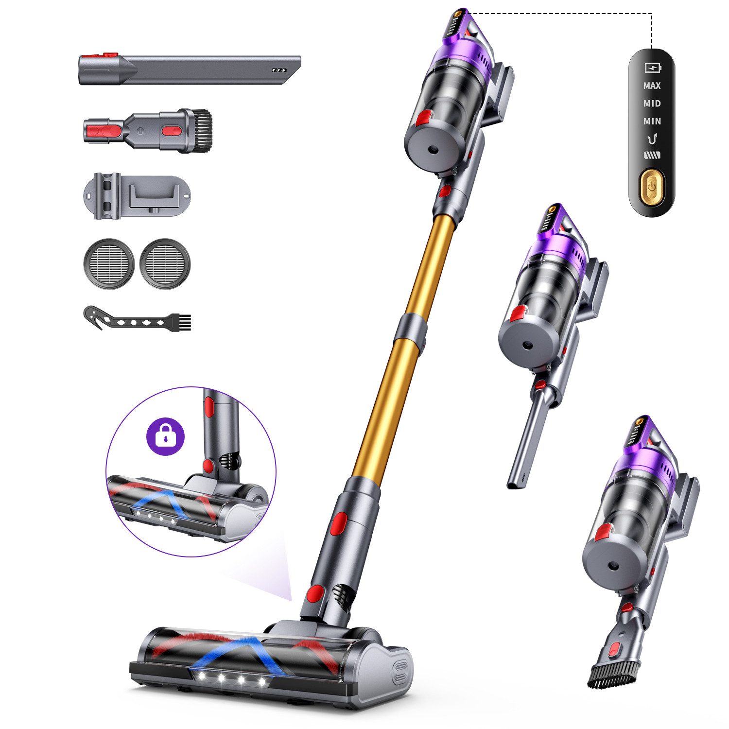 AeroAxis Akku-Stielstaubsauger 80000Pa Akku Staubsauger 680W/ 75Min/1,8L/3 in 1 Staubsauger Kabellos, Anti-Tangle Bodenbürste, Staubsauger für Tierhaare,Teppich, Hartboden