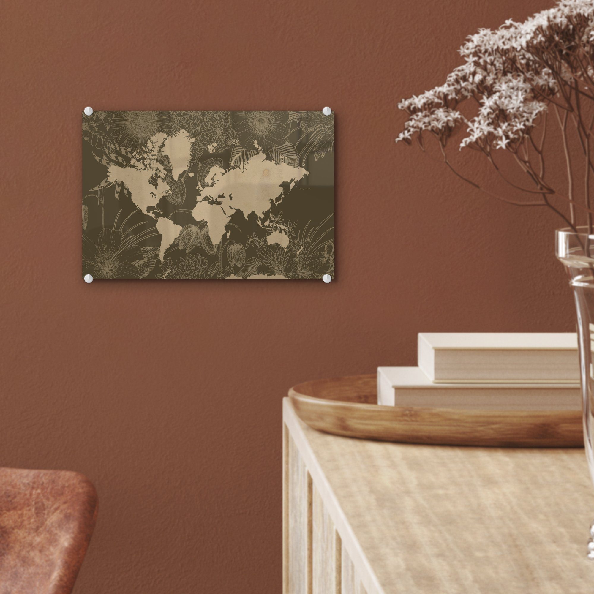 MuchoWow Acrylglasbild Weltkarte - (1 Wanddekoration Foto Glas - Braun, - - - Wandbild Glas auf Glasbilder St), auf Blumen Bilder