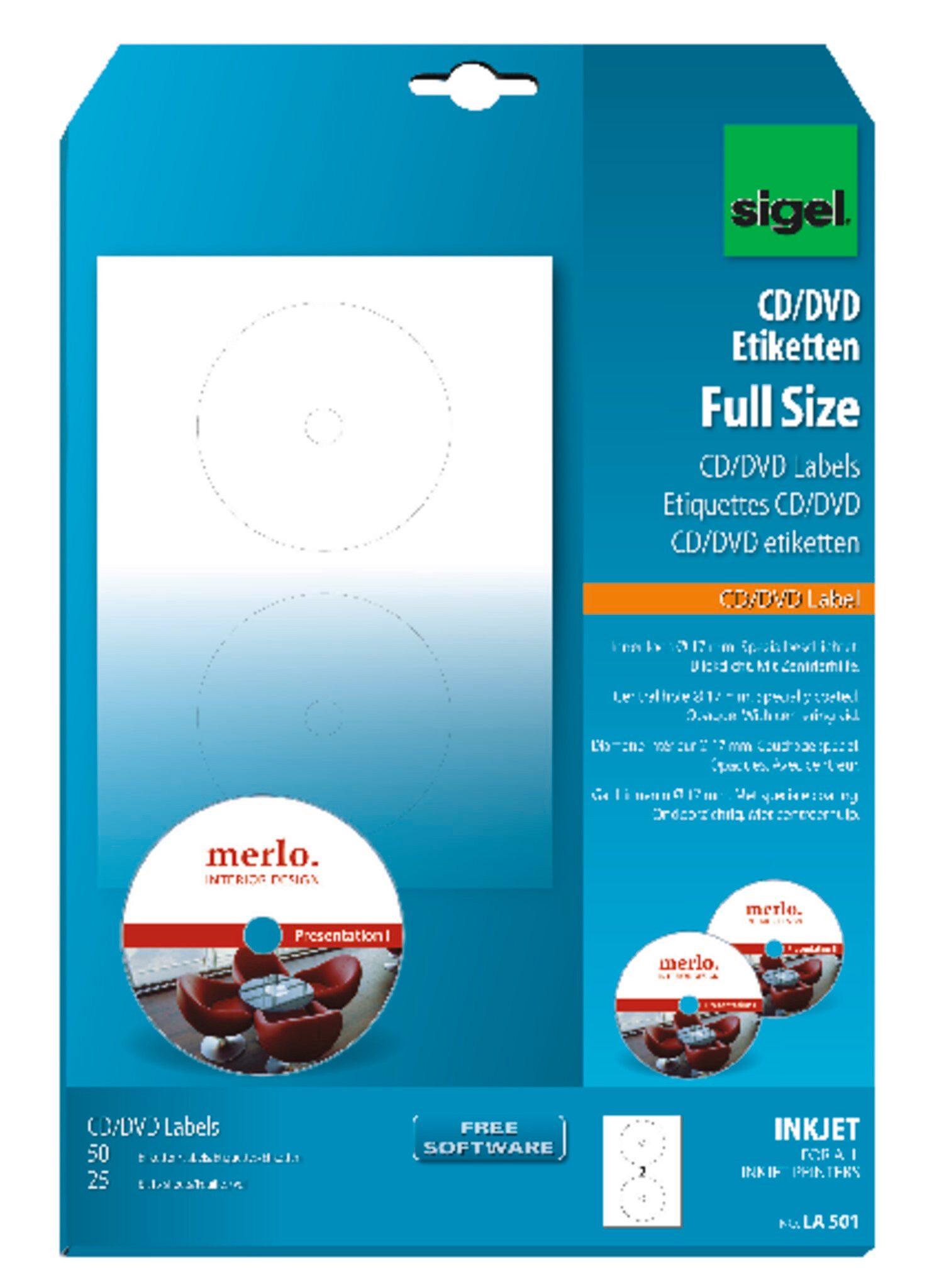Sigel Ярлыкиpapier SIGEL LA501 CD-/DVD-Etiketten - weiß - 117 x117 mm - 50 Ярлыки = 25