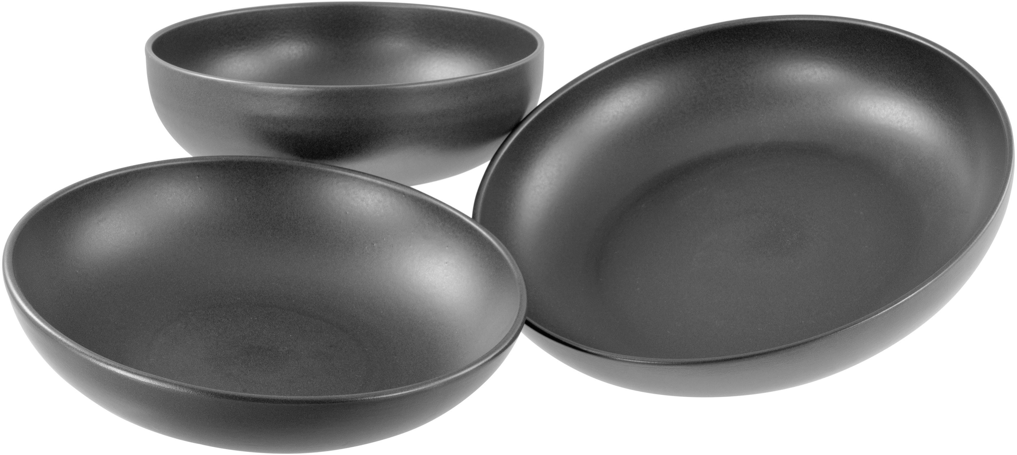 CreaTable Servierschale Uno black, Servierschalen Set 3-tlg, Steinzeug, (Set, 3-tlg), Seidenmatte Spezialglasur, Harmonisch ausbalanciert
