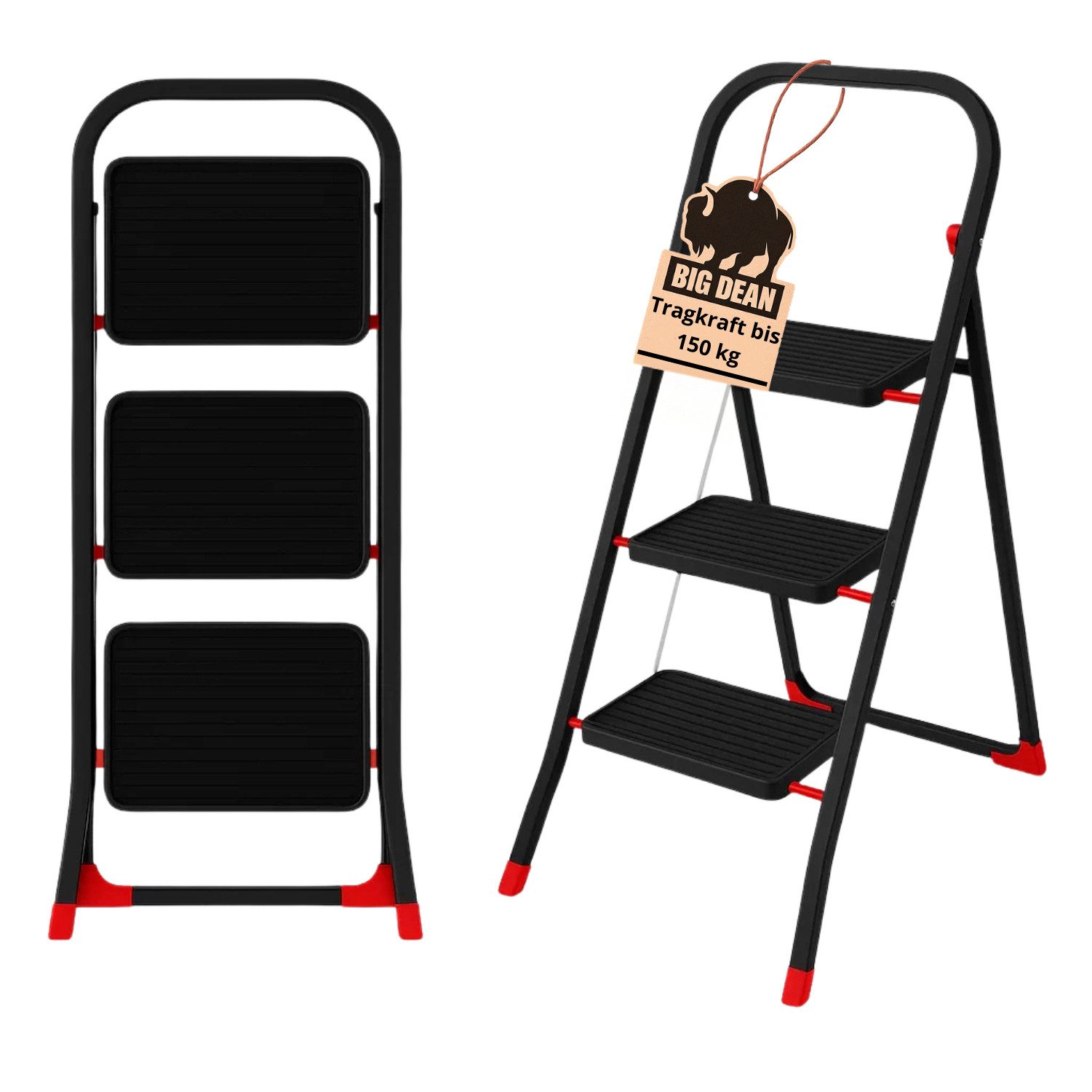 BigDean Trittleiter 3 Stufen klappbar TÜV geprüfte Sicherheit Leiter bis 150 kg belastbar (Packung, 1-St., Trittleiter), Rutschfester Stand, Rutschfeste Stufen, Werkzeugllos Auf & zu klappbar