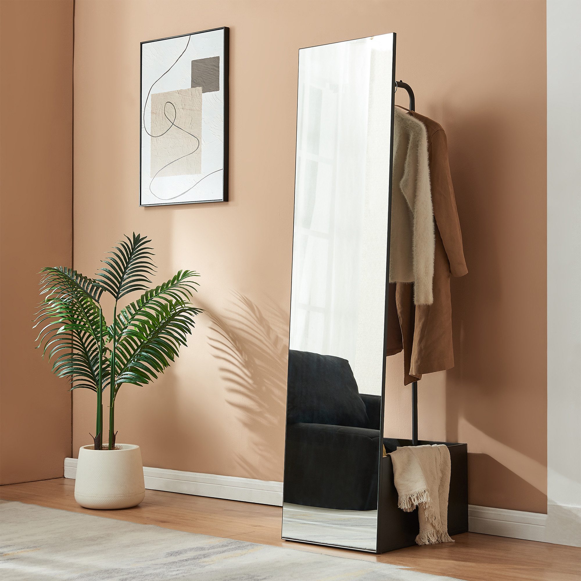 en.casa Garderobenspiegel, »Saden« mit Staufach und Kleiderstange 165 x 40 x 51 cm Schwarz