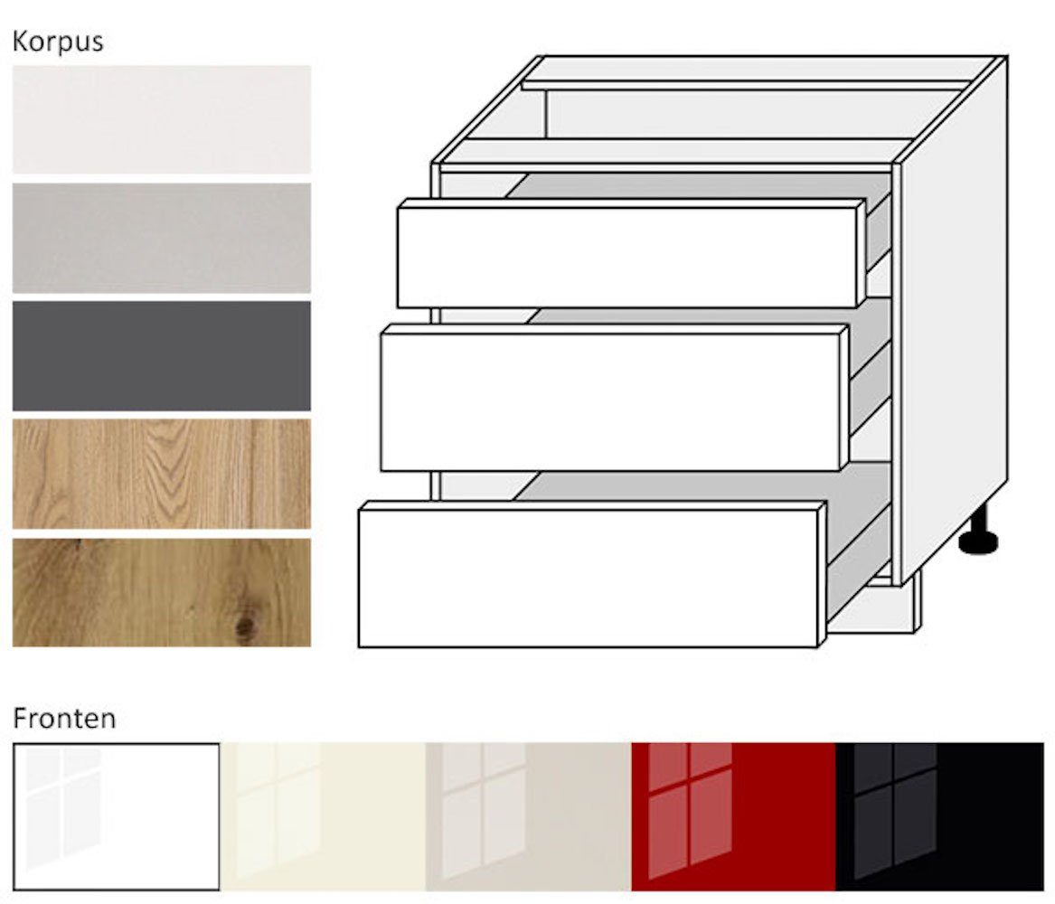 Feldmann-Wohnen Unterschrank Platinium 80cm Front- & Korpusfarbe wählbar 3 Schubladen (Vollauszug) weiß Hochglanz