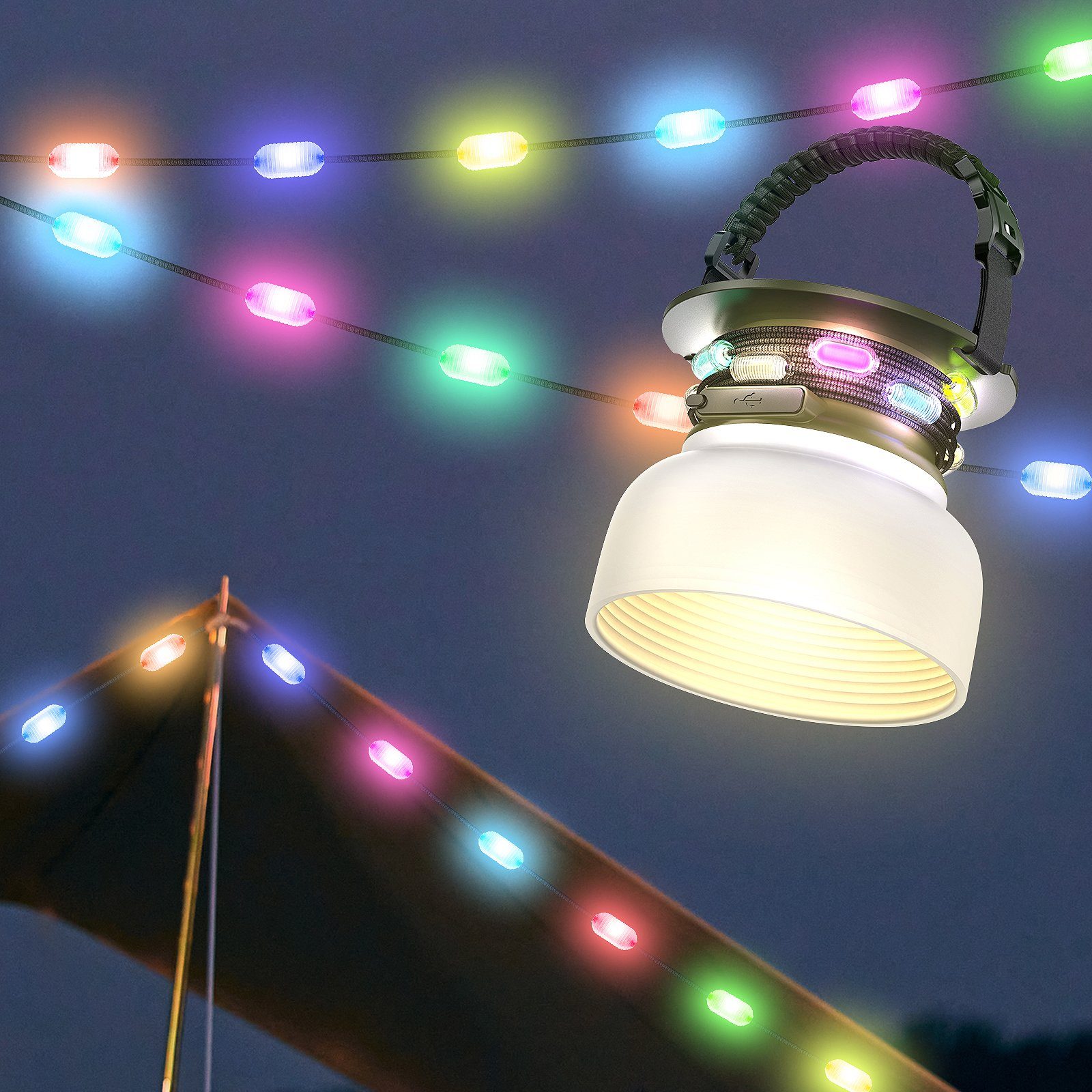 WILIT LED Laterne Campinglampe, 3-stufige Campingleuchte fest RGB, Lichterketten LED Normalbeleuchtung, Aufladbar, Aufladen Solar 5V/1A-Ladefunktion 5m, integriert, Outdoor Warmweiß, für