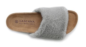 LASCANA Pantoffel Pantolette Mule, Sandale, offener Schuh, Hausschuh, Korkfußbett, Fellimitat