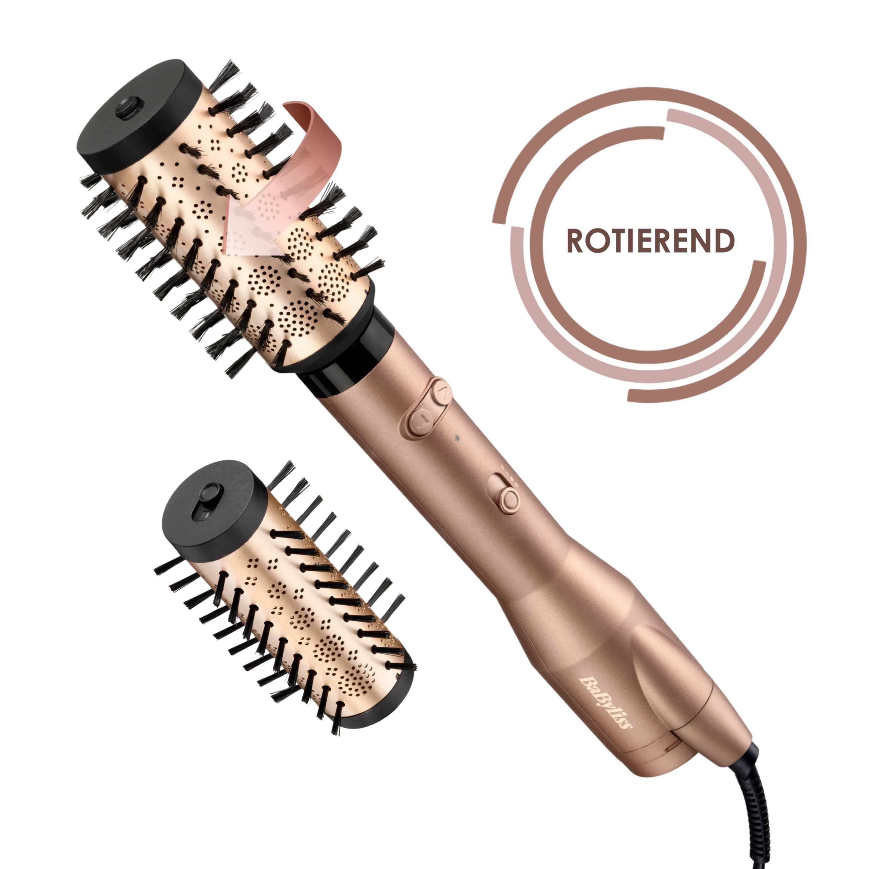 BaByliss Warmluftbürste BaByliss Big Hair Dual Warmluftbürste rotierend, AS952E, Rotierender Rundbürstenföhn mit Ionen, 2 Aufsätze für Volumen, 650 W goldfarben