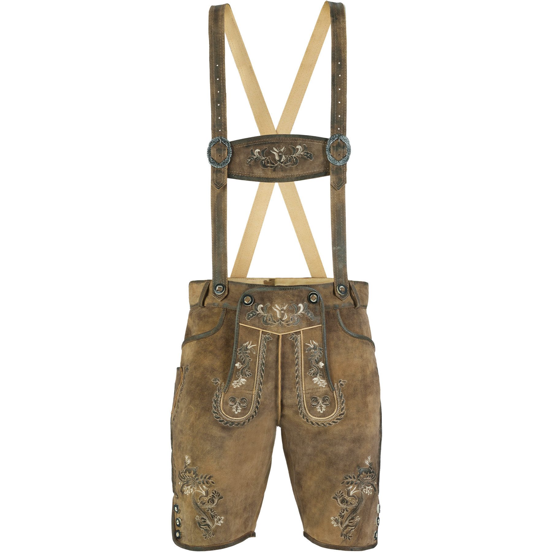 dressforfun Trachtenhose Hochwertige Lederhose aus weichem Ziegenleder mit Stickereien (Herrenhose Moritz, für Volksfeste in Eiche) echte Knochenknöpfe, Inkl. Ledergürtel und verstellbaren Hosenträgern