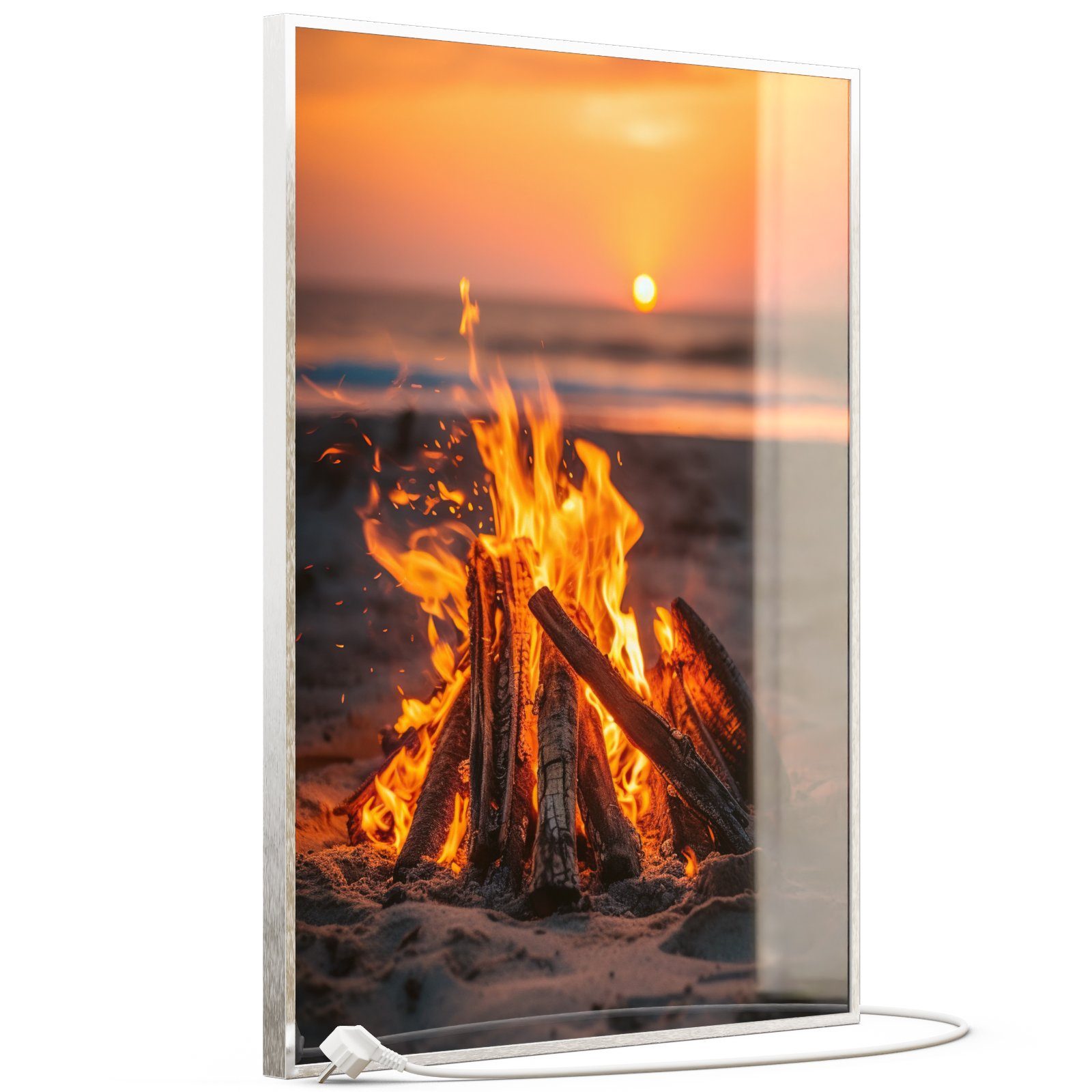 STEINFELD Heizsysteme Infrarotheizung, Glas Bild 350W-1200W, Inklusive Thermostat, 071H Feuer am Strand Silber