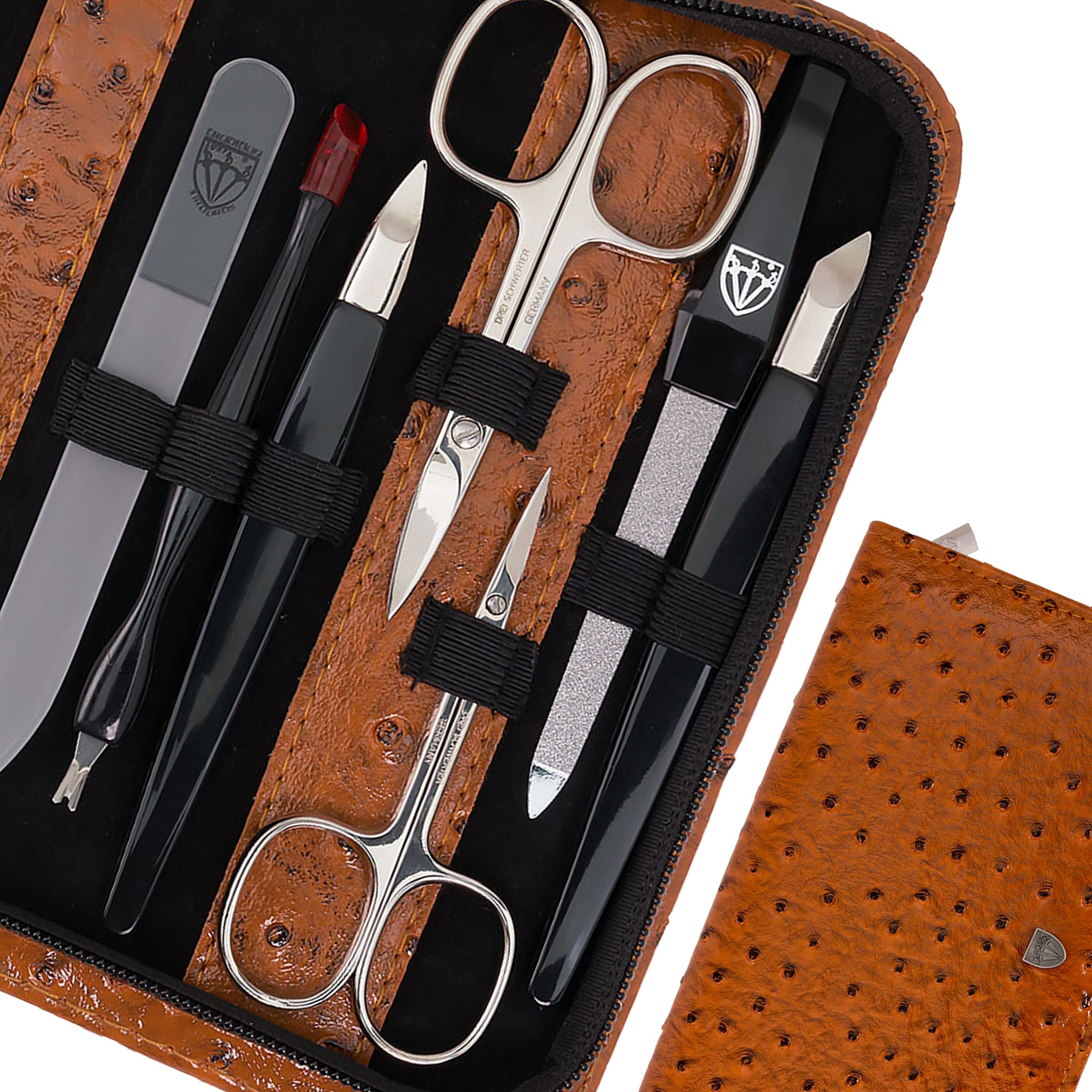 12-teilig und SCHWERTER ALL-IN-ONE Cognac Saphirnagelfeile Maniküre-Etui, mit London 3 Glas-