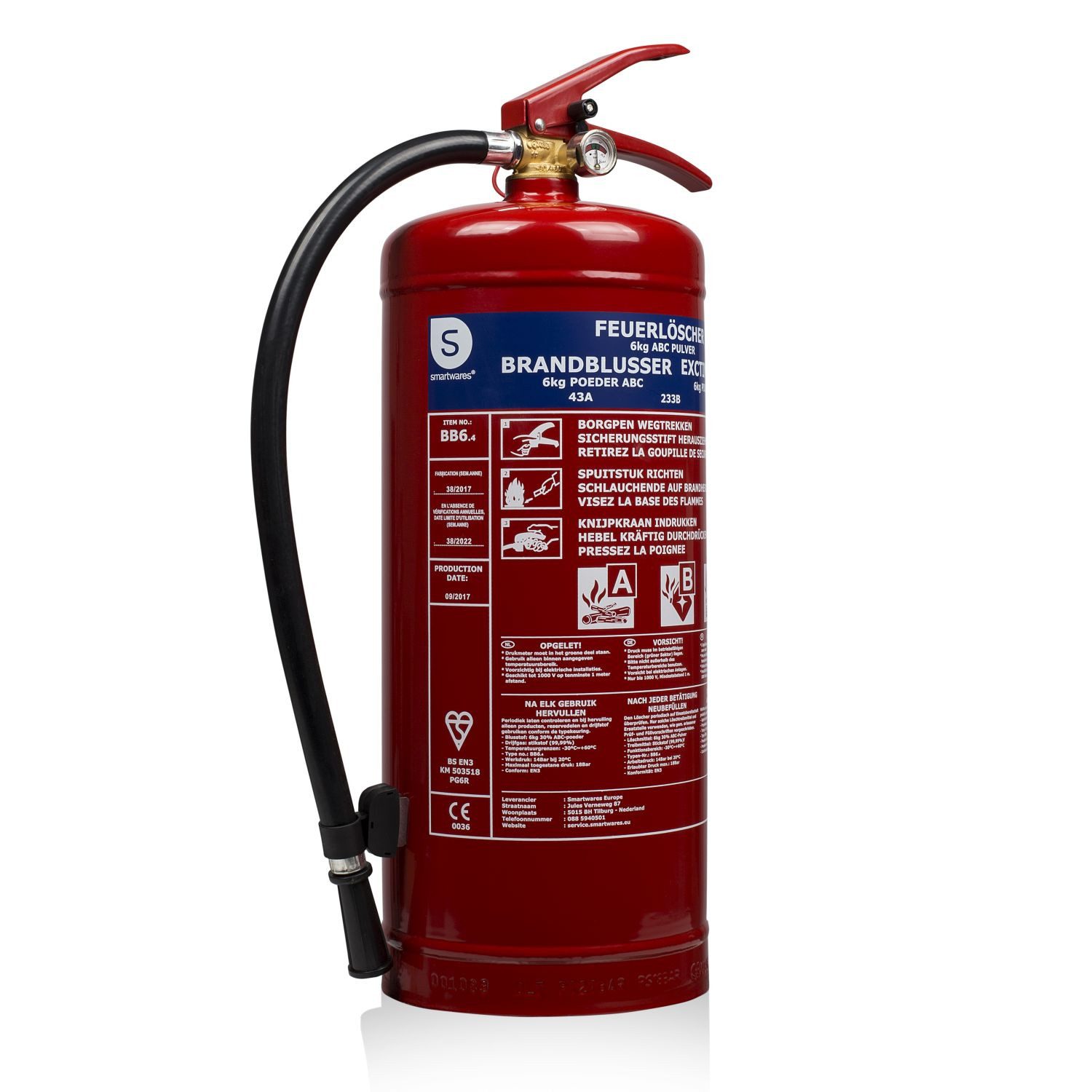 smartwares Pulver-Feuerlöscher Smartwares FEX-15160 6 kg Pulver-Feuerlöscher – Brandklasse ABC – inkl, 6 kg ABC inkl. Befestigungsmaterial BB6 retail