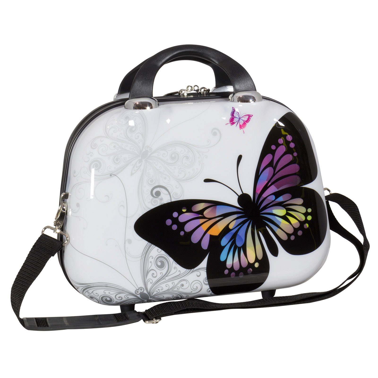 Trendyshop365 Beautycase Butterfly bunt, Design Schmetterling (Hartschale, 1-tlg., für Damen und Mädchen), Polycarbonat, mit Schulterriemen und Halteschlaufe für Koffer