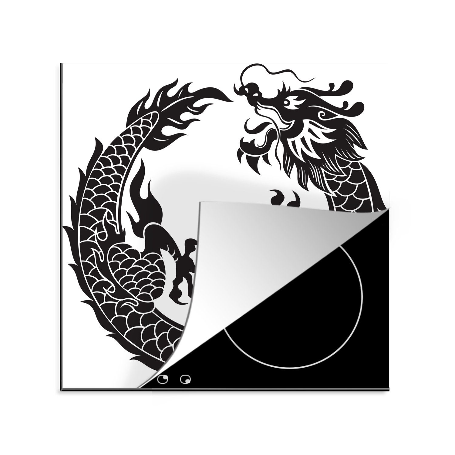 MuchoWow Herdblende-/Abdeckplatte Schwarz-weiß Illustration eines chinesischen Drachens, Vinyl, (1 tlg), 78x78 cm, Ceranfeldabdeckung, Arbeitsplatte für küche