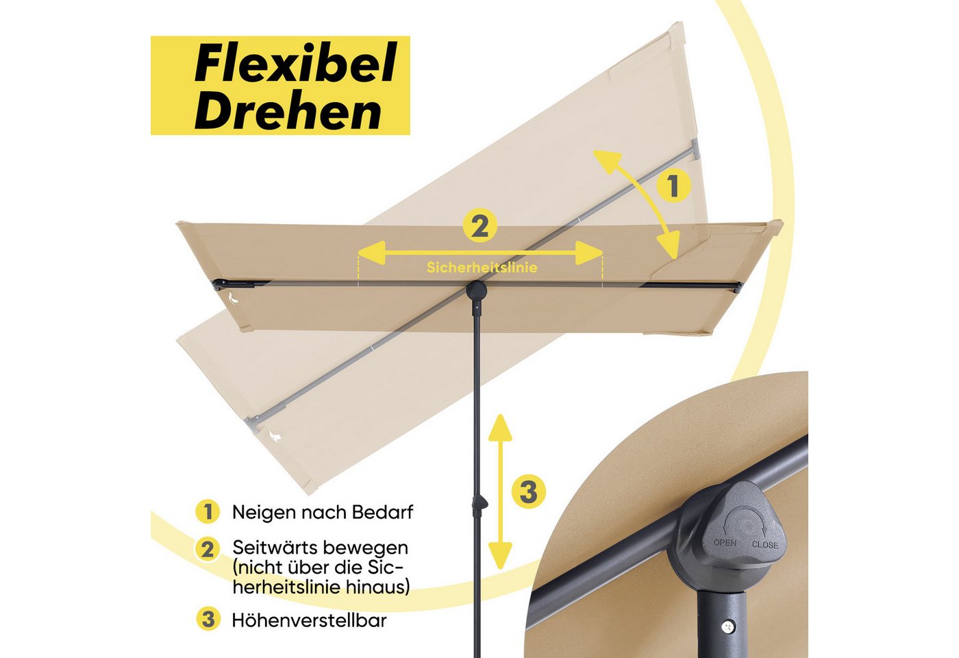 Thumbnail - Sekey Balkonschirm 180 x 130 cm Rechteckiger Sonnenschirm Balkon, flexibler Allrounder, LxB: 180,00x130,00 cm, Drehbare ...