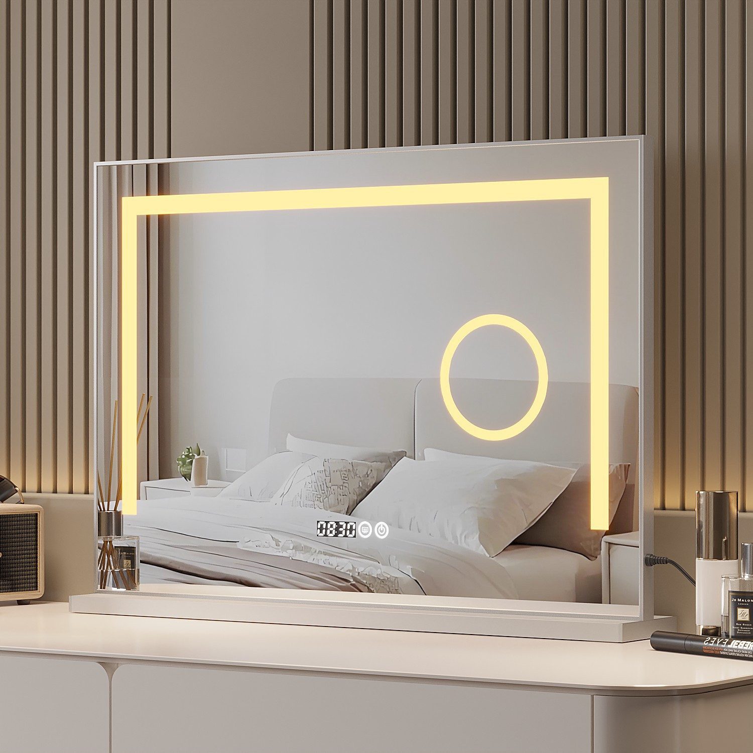 AQUALAVOS Kosmetikspiegel LED Make-up Tischspiegel Schminkspiegel mit Beleuchtung Vergrößerung, Hollywood 3 einstellbare Light mit deutscher Stecker Uhr 70x50 80x60cm