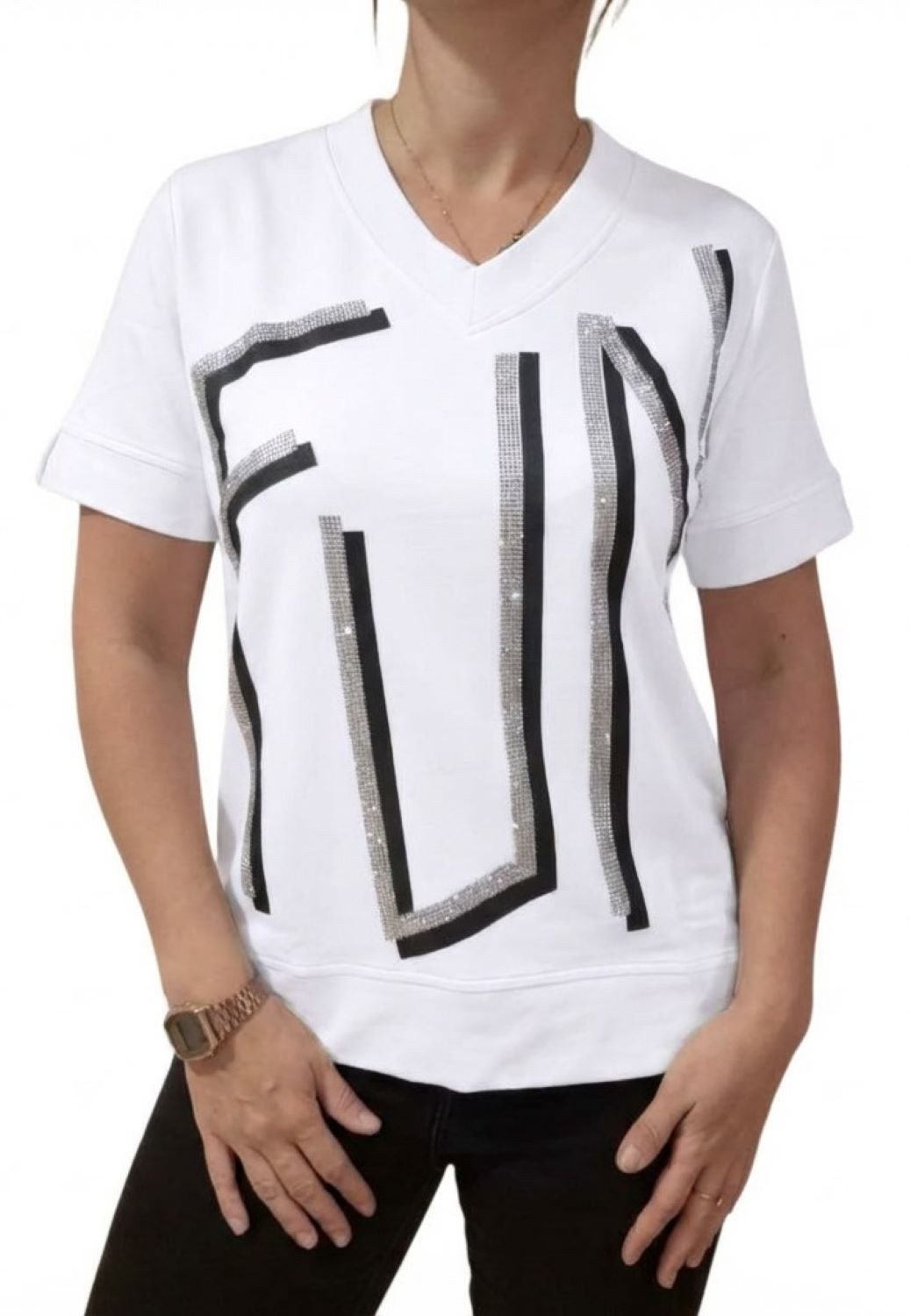 Estefania for woman Kurzarmshirt 194-1114, "FUN" mit Strassbesatz seitliche Schlitze am Saum