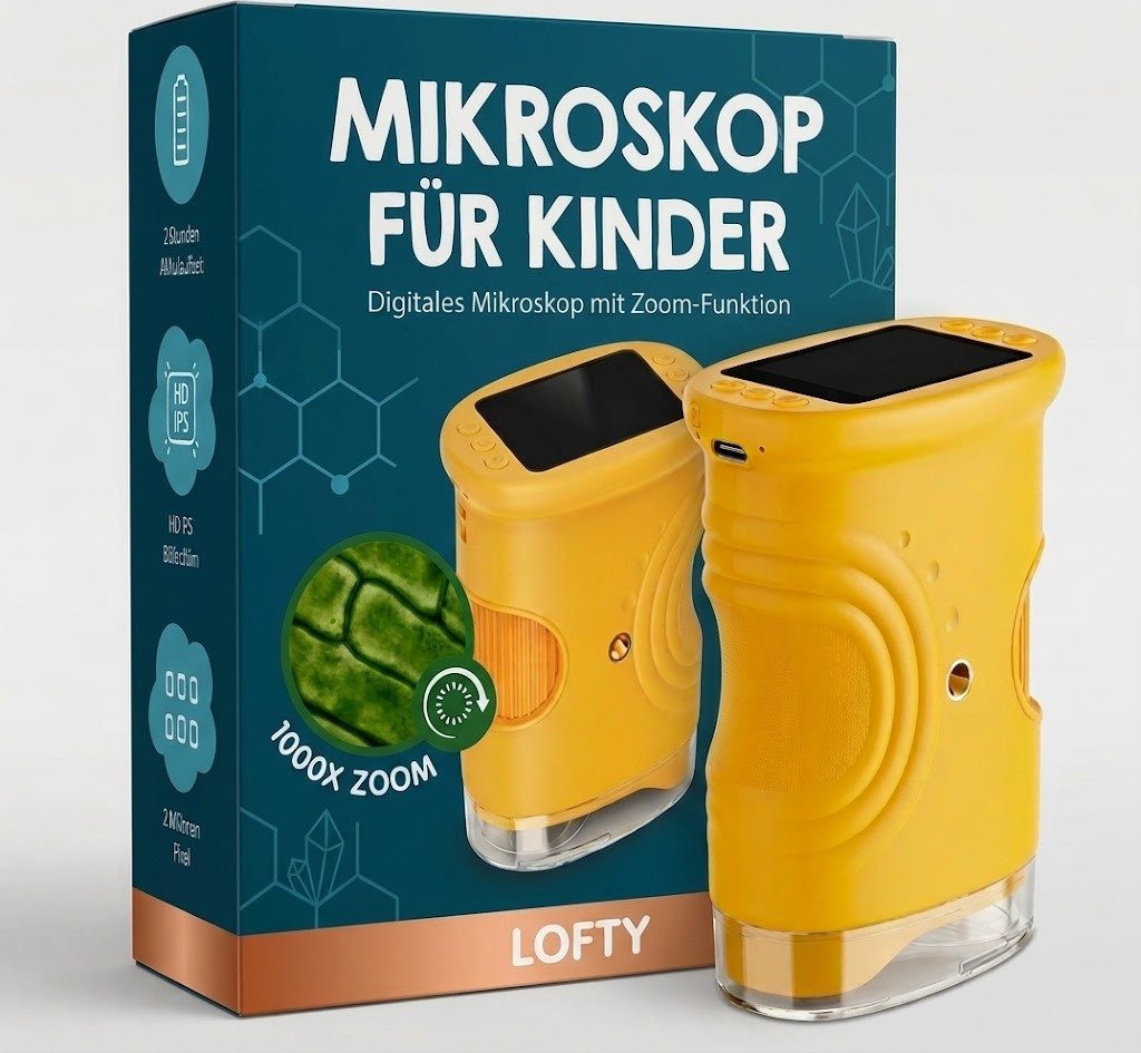 LOFTY Mikroskop für Kinder, Digital Mikroskop, Handmikroskop, 1000-fach Zoom Kindermikroskop (50x-1000x, 2,0 Zoll IPS-Display inkl. Schlüsselanhänger, Kindergeschenk)