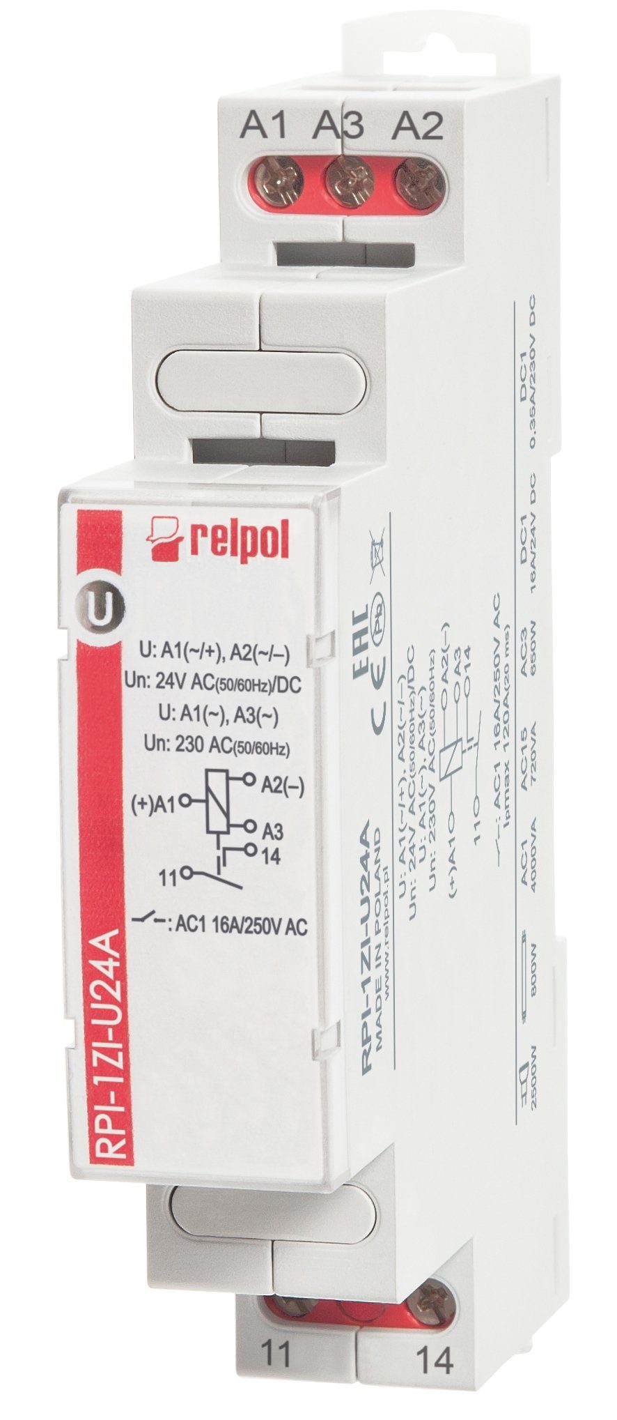 Relpol Verteilerbox RPI-1Z-U24A - 24V AC/DC 230V AC 16A Installationsrelais 1 Schliesser, Schaltrelais für Hutschiene