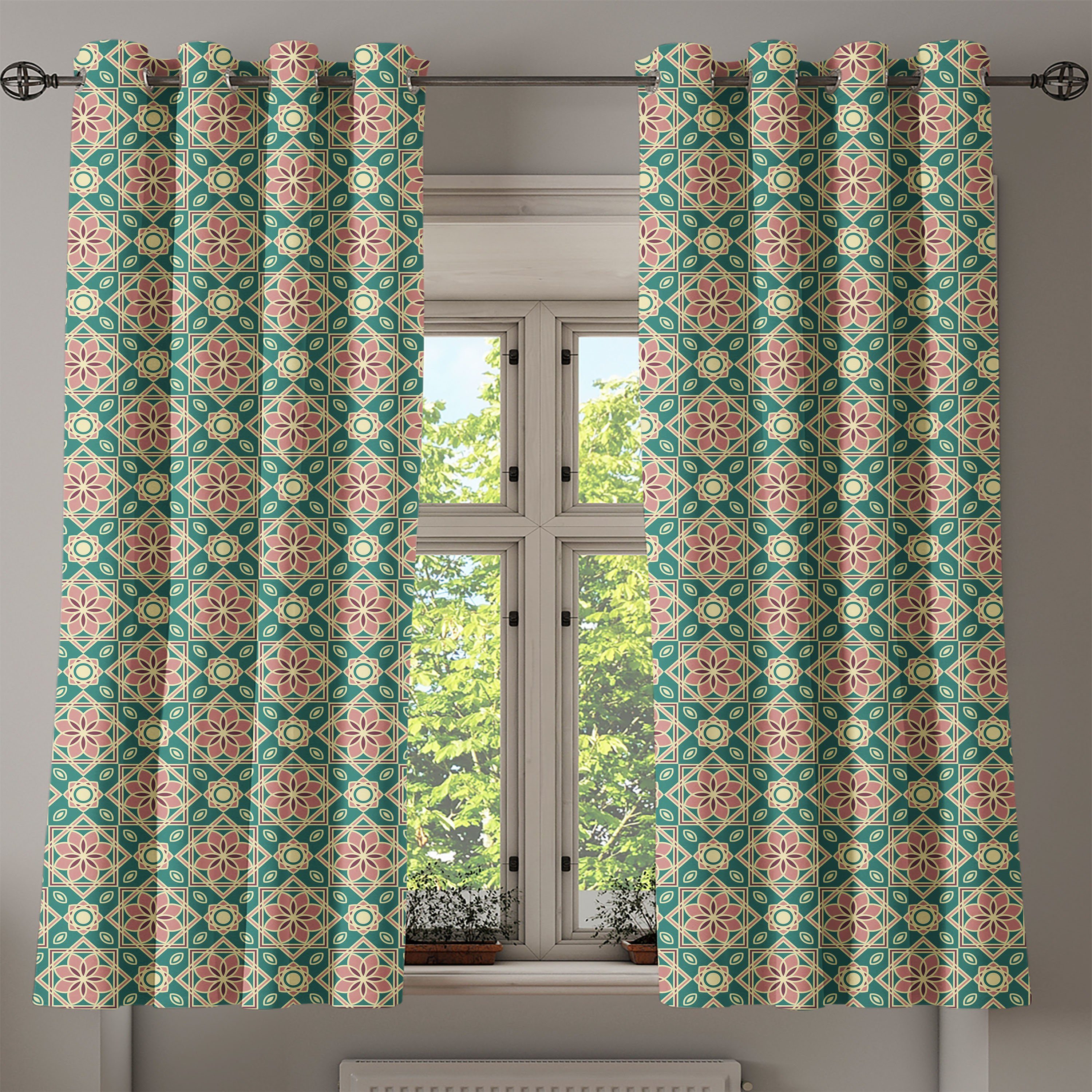 Gardine Dekorative 2-Panel-Fenstervorhänge für Schlafzimmer Röschen Wohnzimmer, Mosaik Abakuhaus, orientalisch Chevron